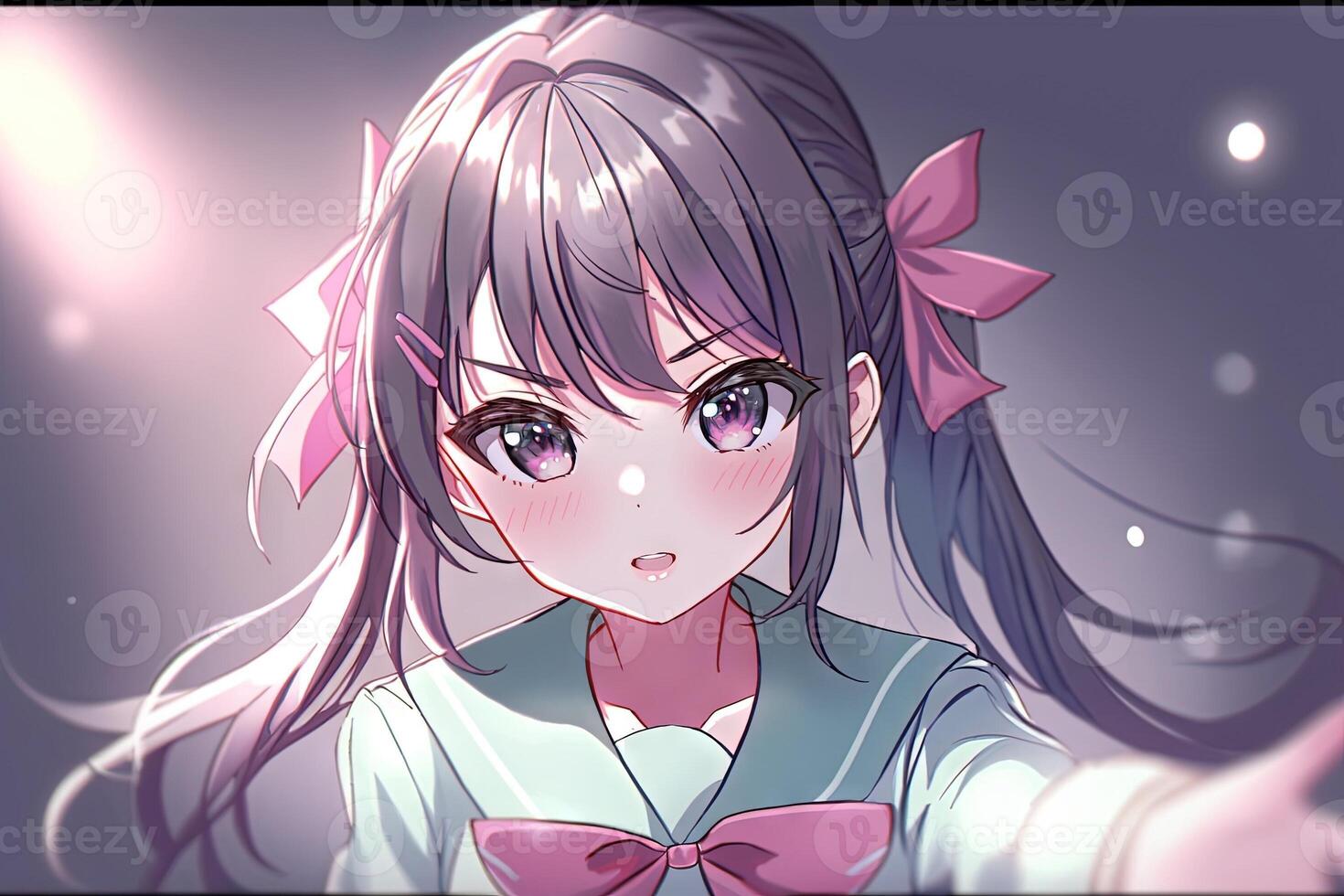 Pretty anime school girl looking at you illustration photo