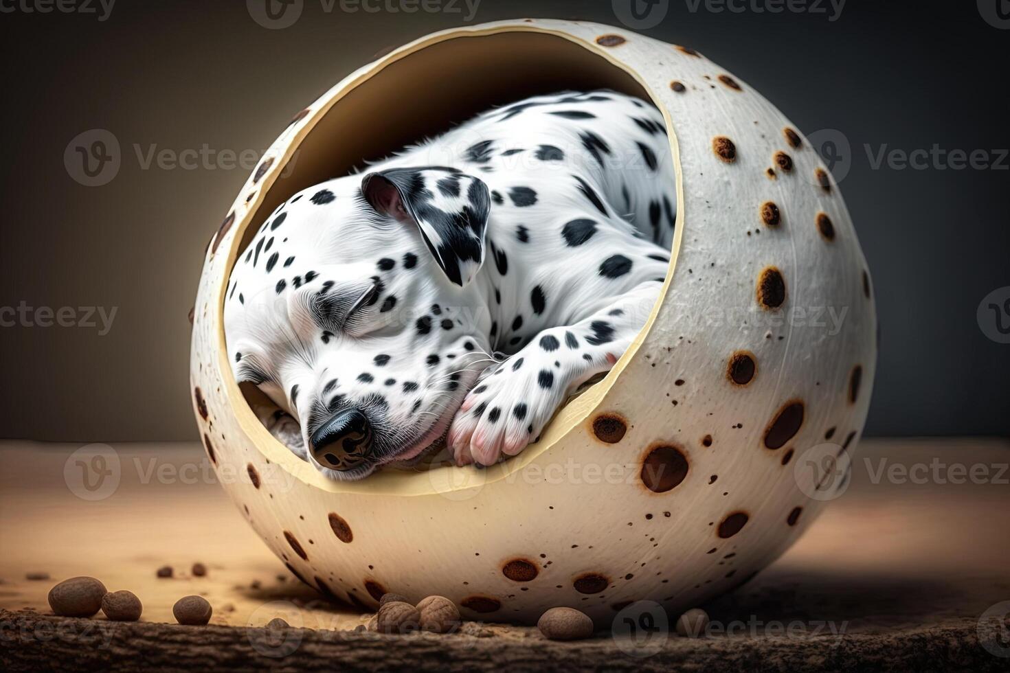 Puppy dalmatian dog sleeping inside half coconut nut illustration photo