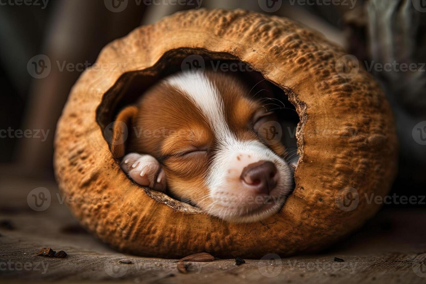 Puppy dog sleeping inside half coconut nut illustration photo