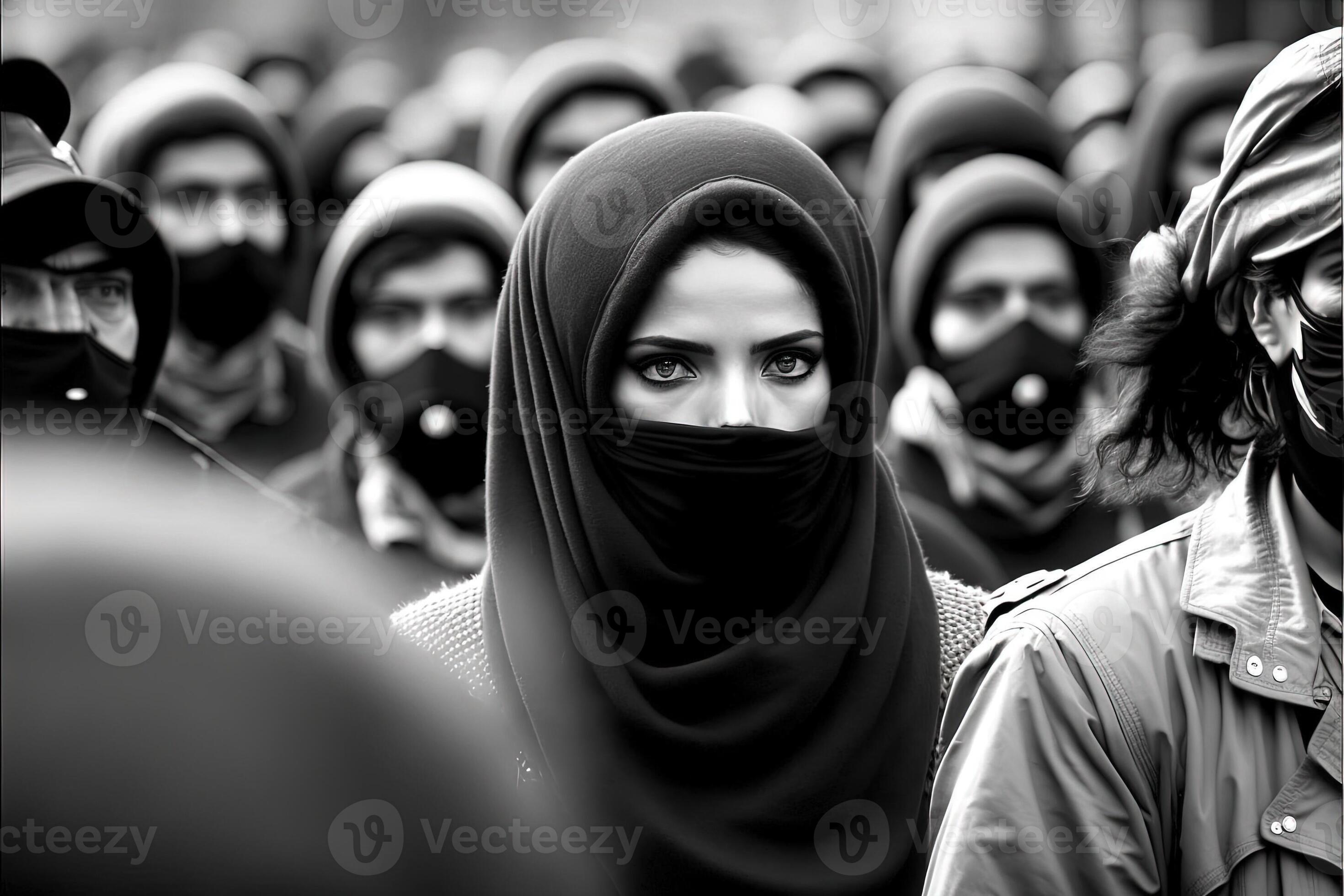Iran muslim girl eyes detail in burqa protest concept illustration