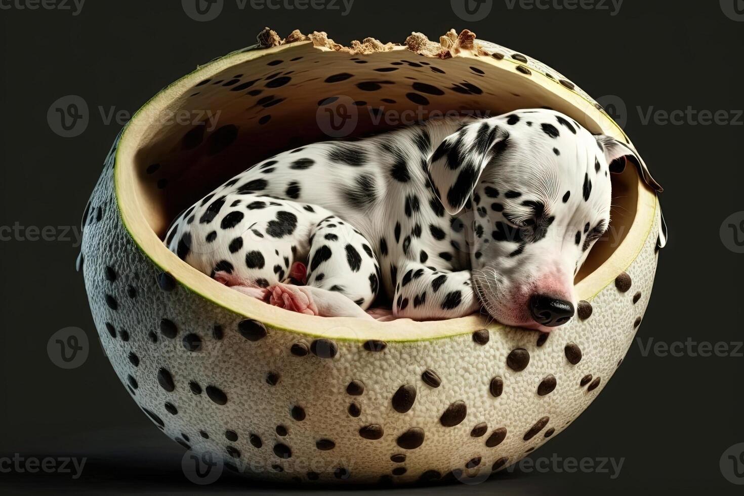 Puppy dalmatian dog sleeping inside half coconut nut illustration photo