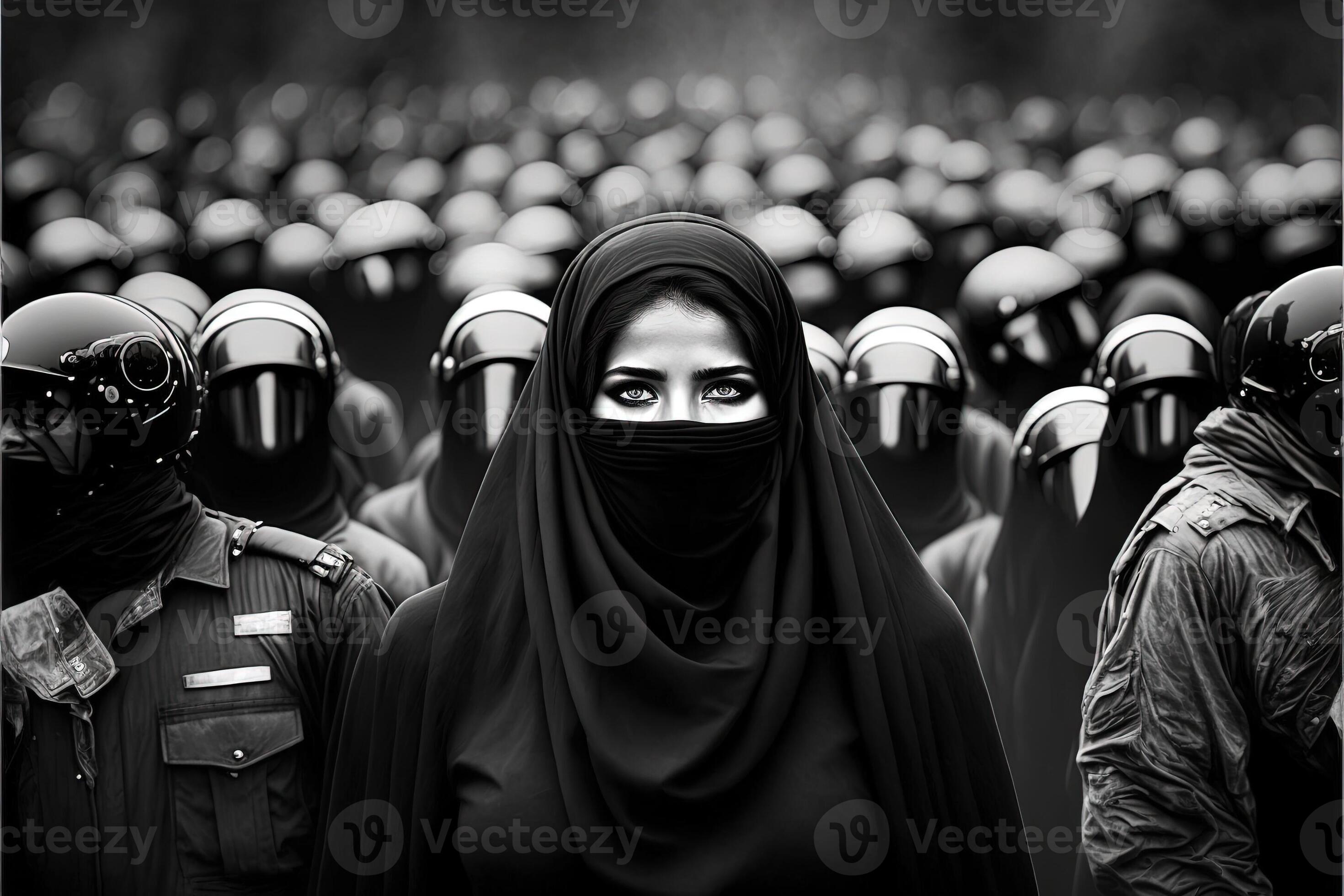 Iran muslim girl eyes detail in burqa protest concept illustration