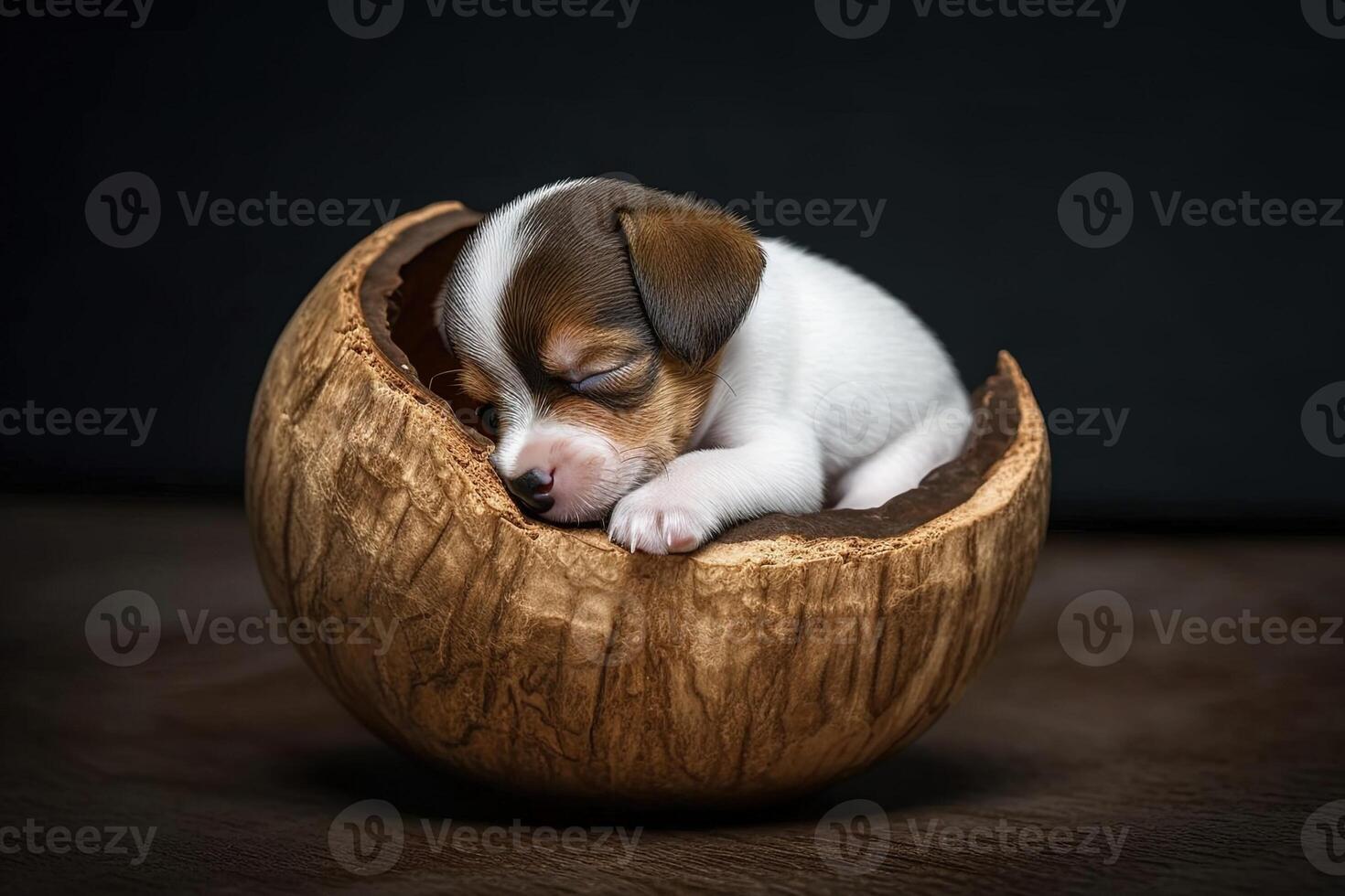 Puppy dog sleeping inside half coconut nut illustration photo
