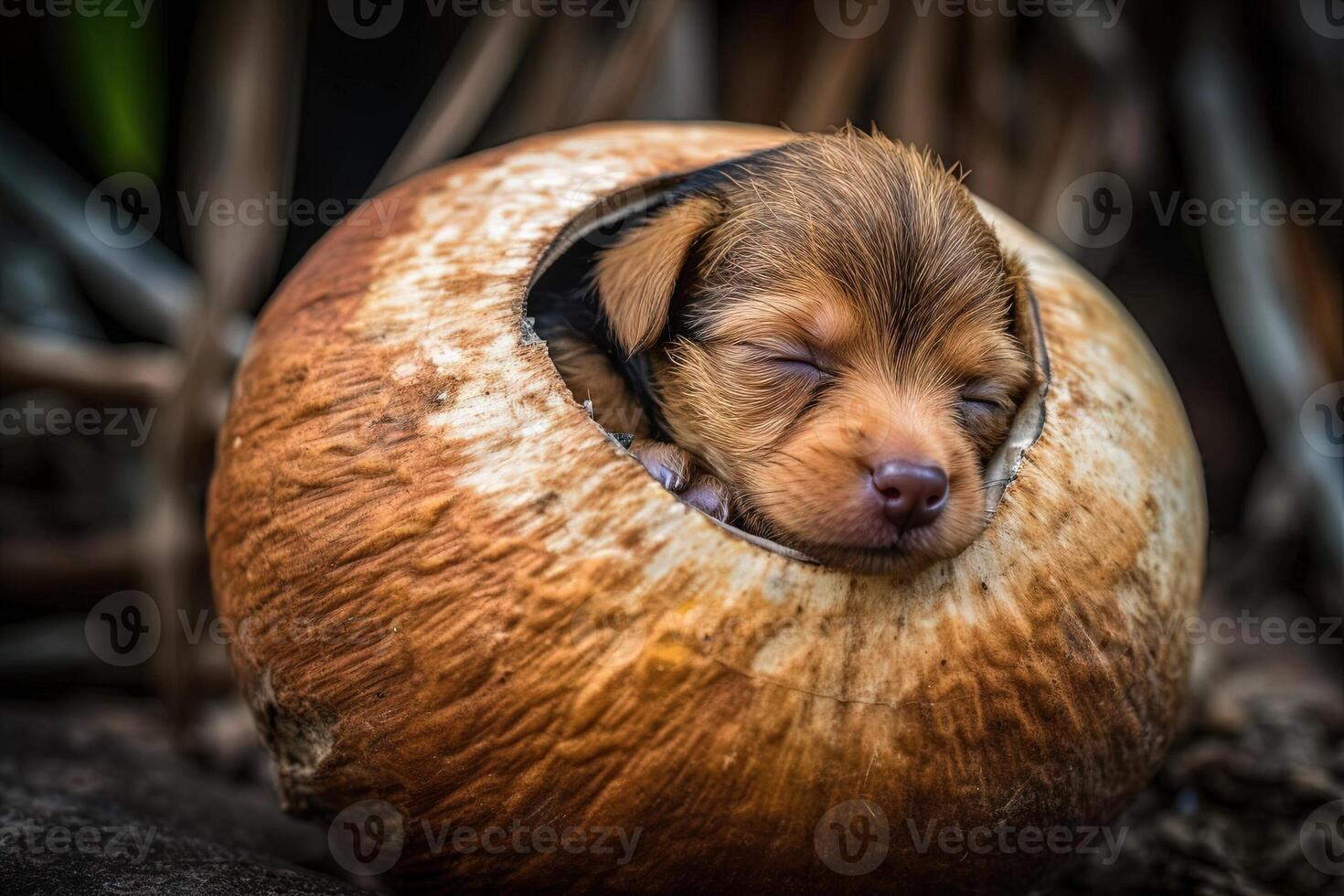Puppy dog sleeping inside half coconut nut illustration photo