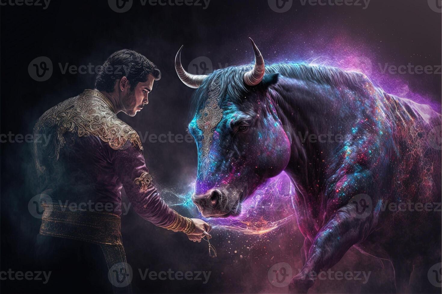 The corrida bullfighting of the future made with a holographic show the bull is a hologram illustration photo