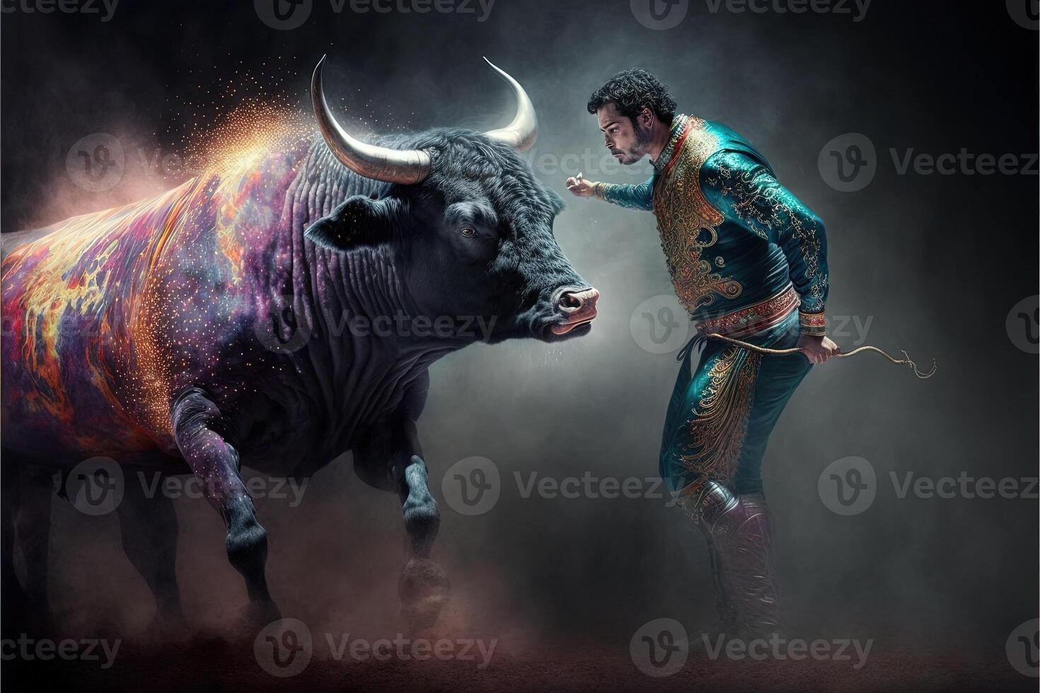 el corrida toreo de el futuro hecho con un holográfico espectáculo el toro es un holograma ilustración generativo ai foto