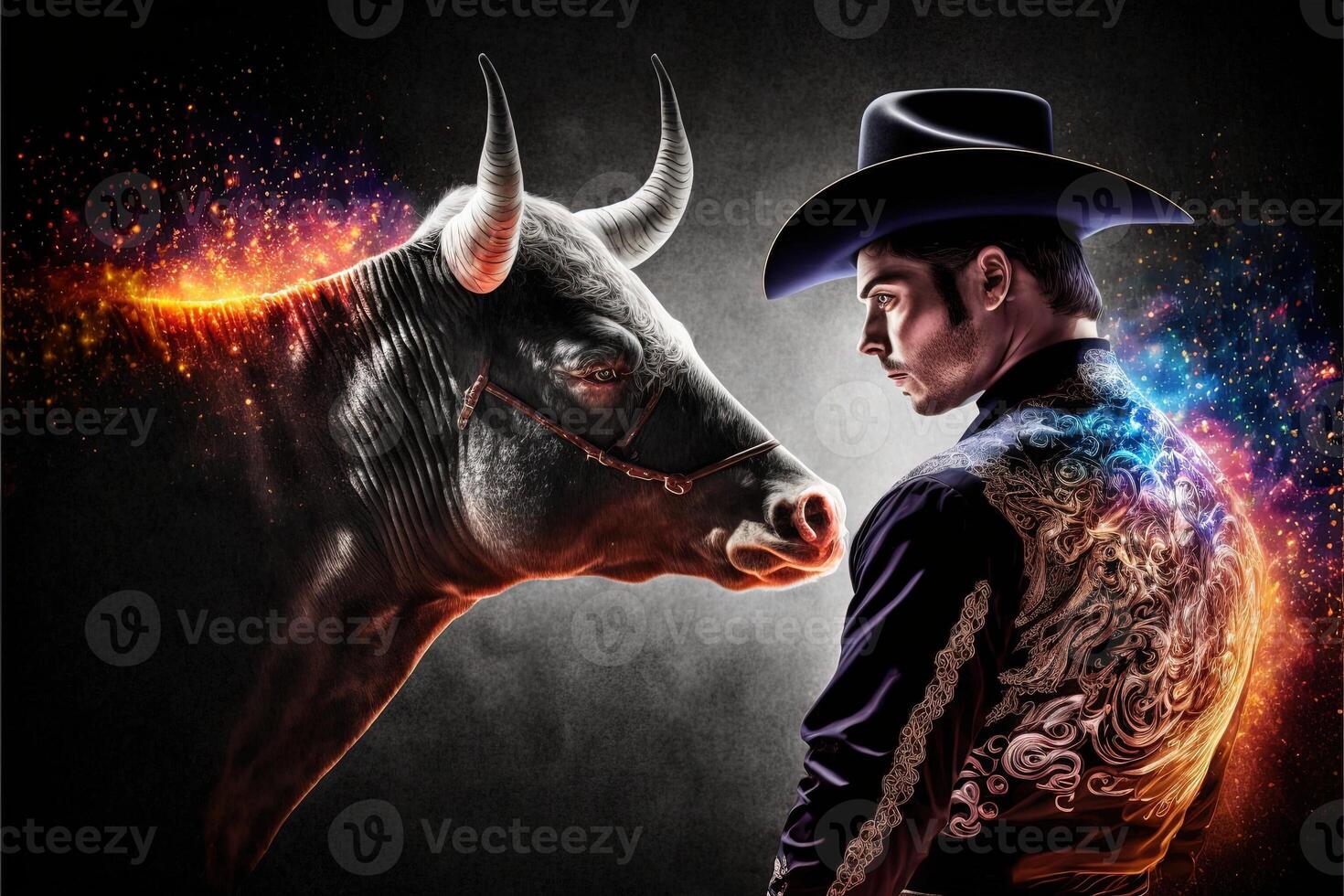 The corrida bullfighting of the future made with a holographic show the bull is a hologram illustration photo