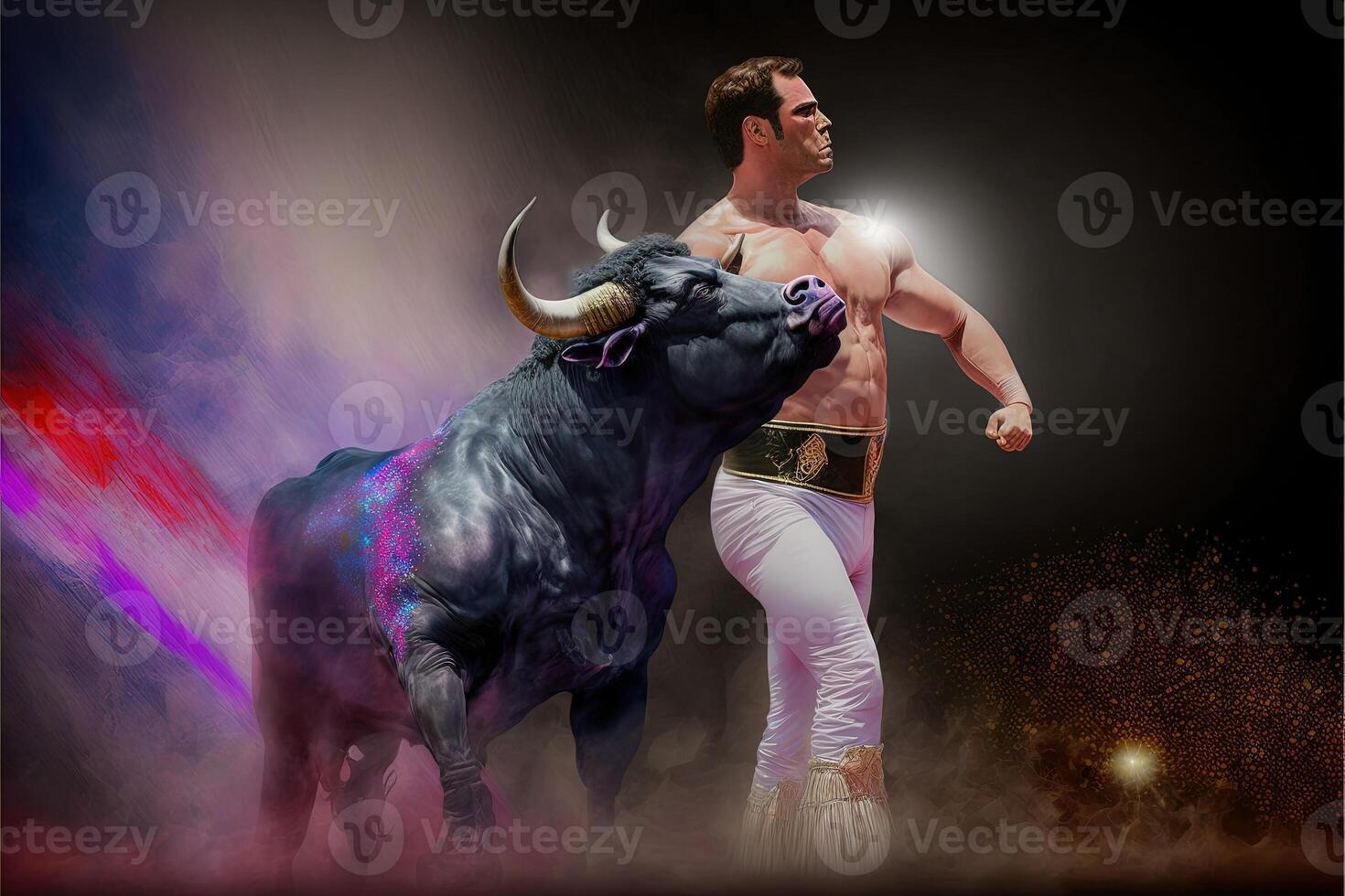 The corrida bullfighting of the future made with a holographic show the bull is a hologram illustration photo