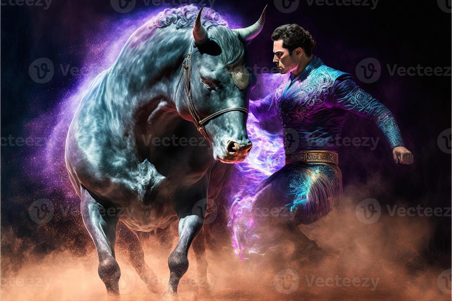 The corrida bullfighting of the future made with a holographic show the bull is a hologram illustration photo