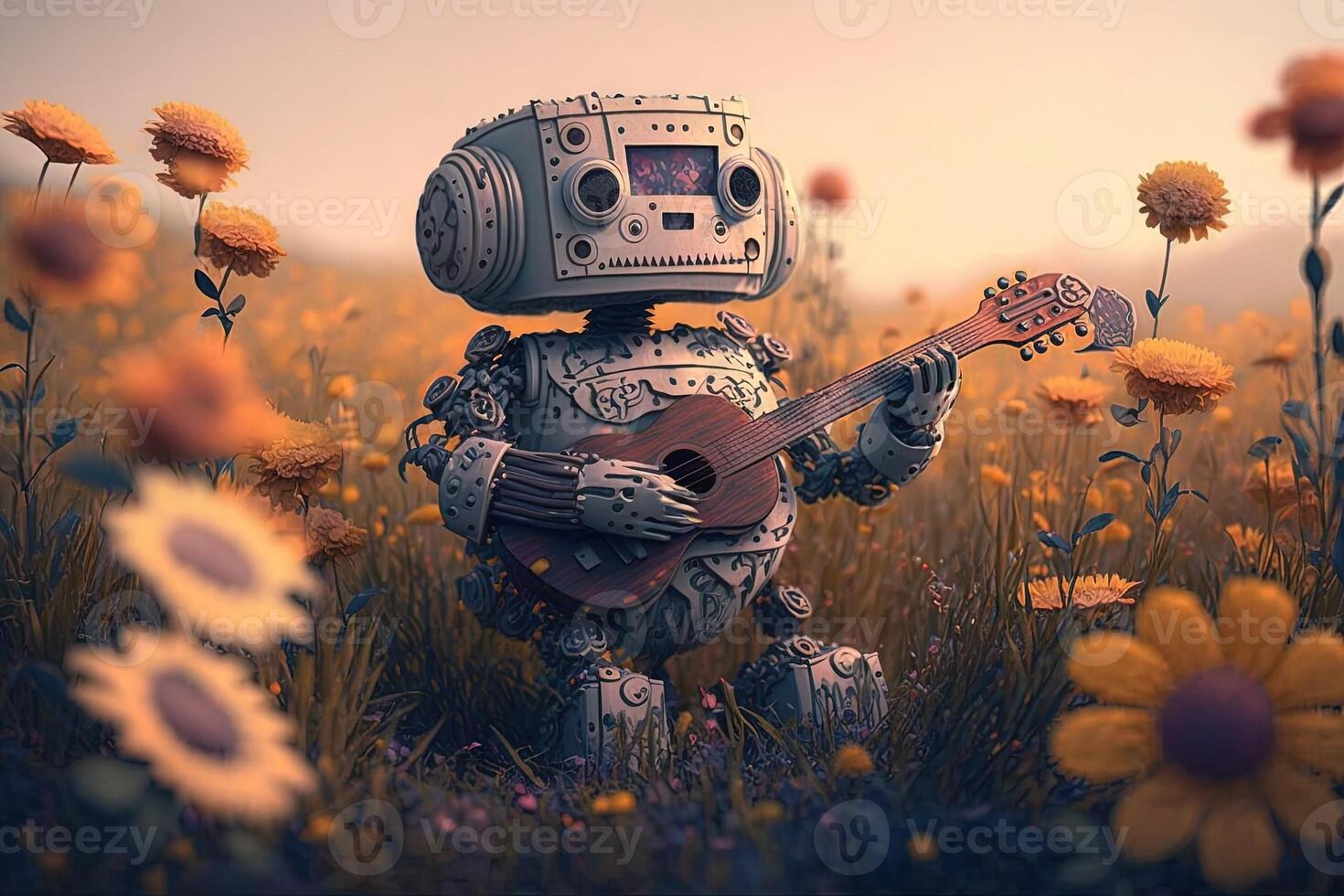 Robot playing a banjo in a field of flowers illustration photo