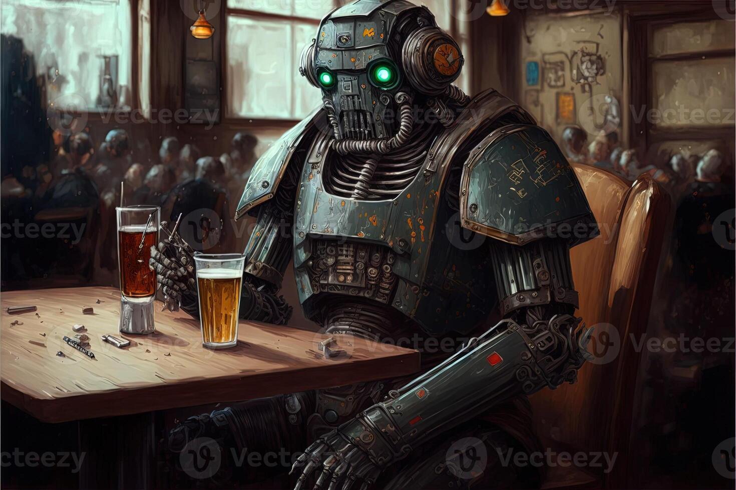 Robot drinking a beer in a bar illustration photo