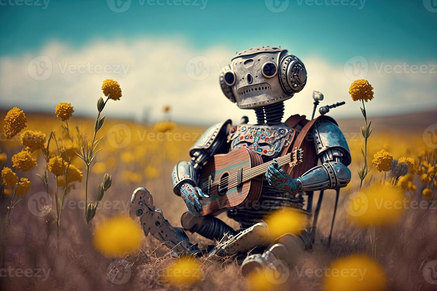 Robot playing a banjo in a field of flowers illustration photo