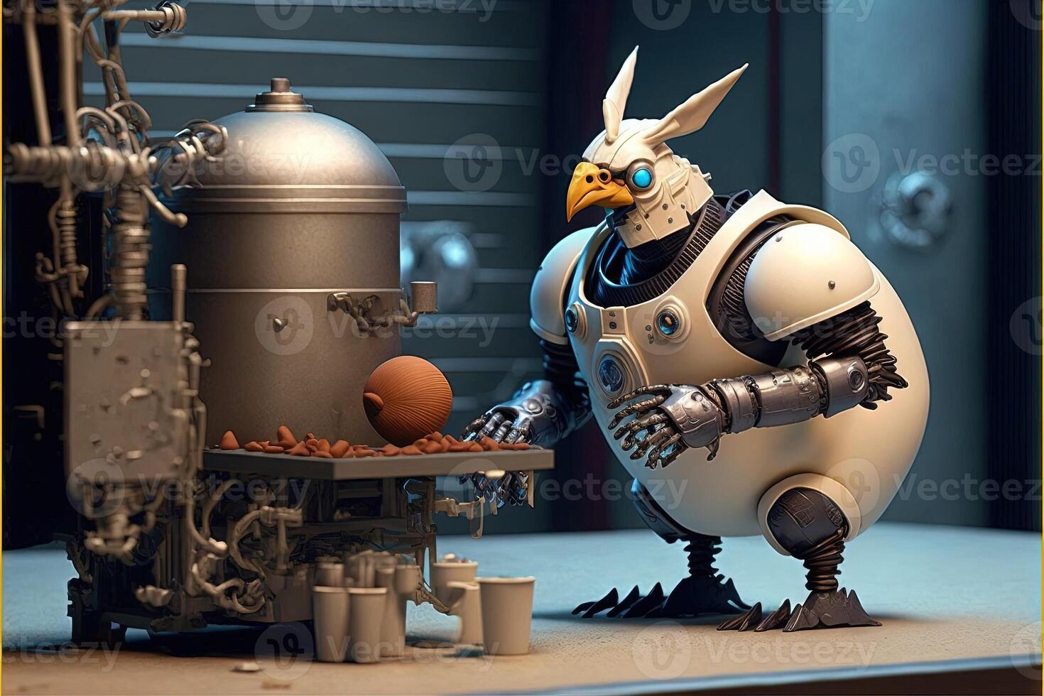 a robot chicken of the future making an egg photo