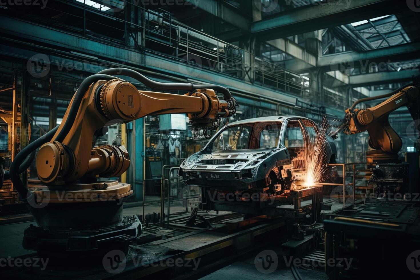 Automotive welding robot automation robot arms machine in intelligent factory industrial illustration photo
