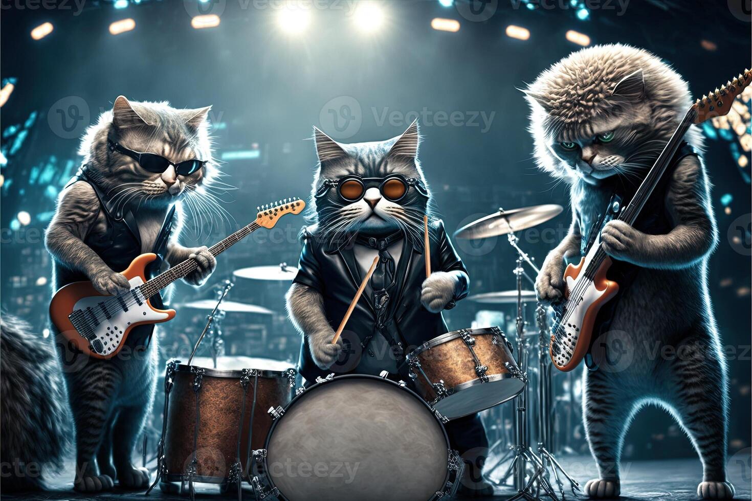 rock star cat band playing on stage llustration photo