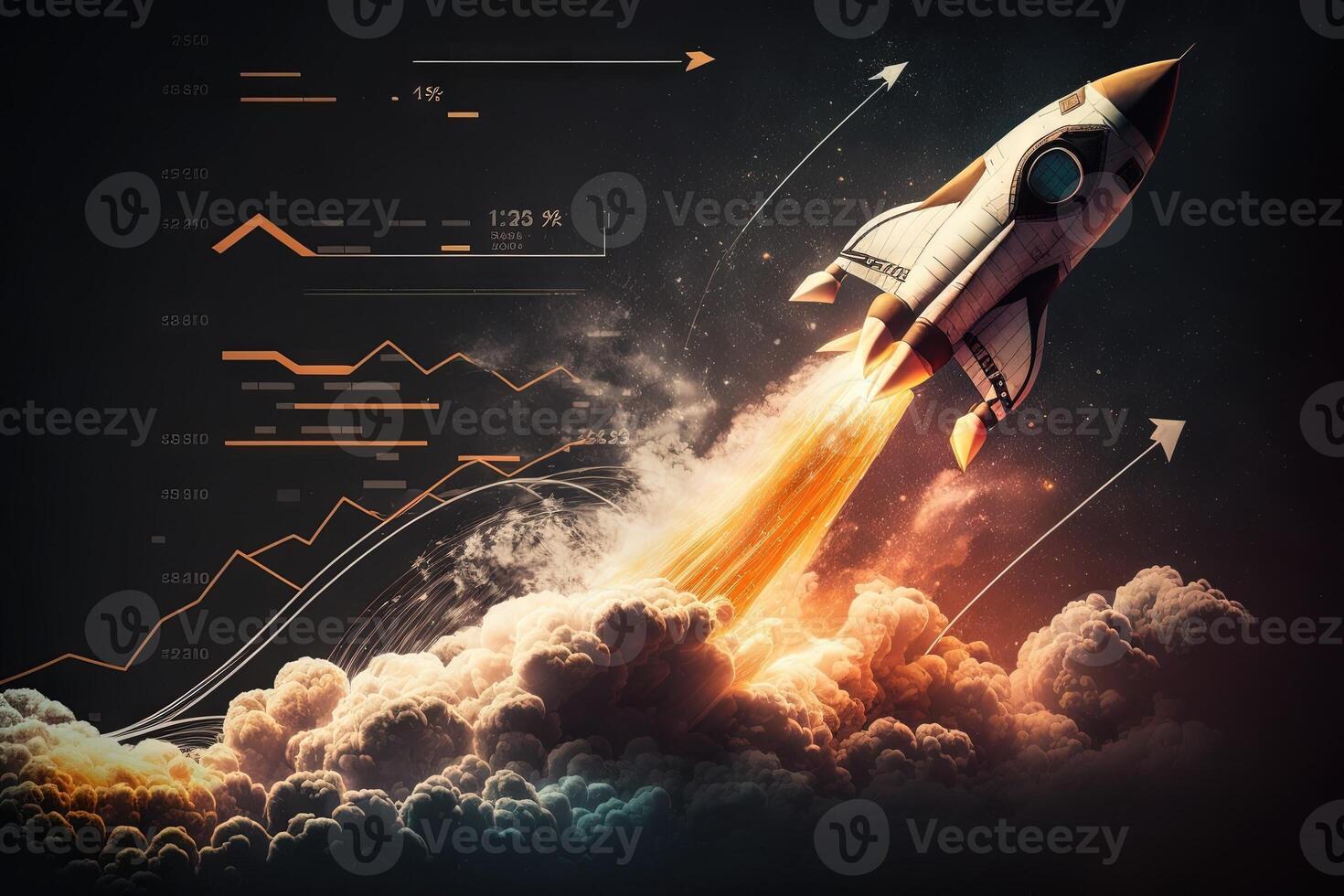 Rocket ship blasting off into space, with stock market - related symbols and data in the smoke trail behind it illustration photo