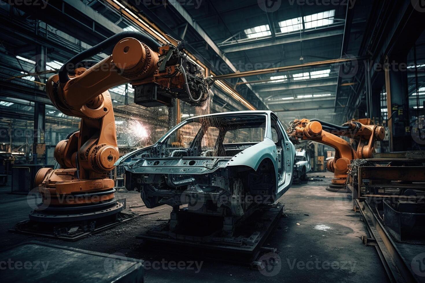 Automotive welding robot automation robot arms machine in intelligent factory industrial illustration photo