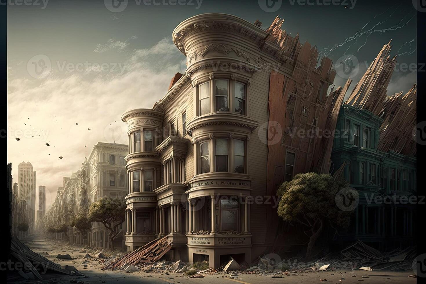 earhtquake in San Francisco destroyed Illustration photo