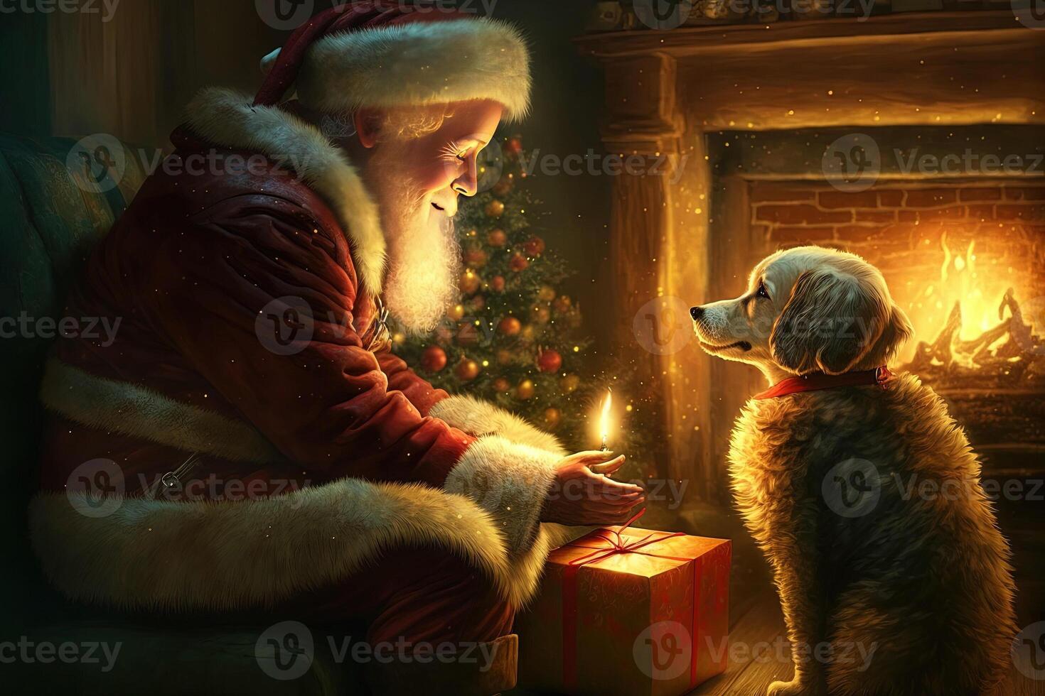 santa claus giving christmas gift to a good dog near fireplace illustration photo