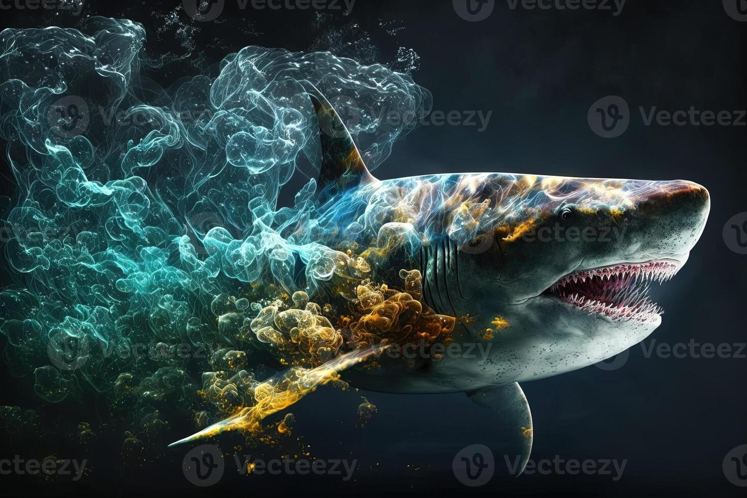 ferocious great white shark attack with smoke underwater illustration photo