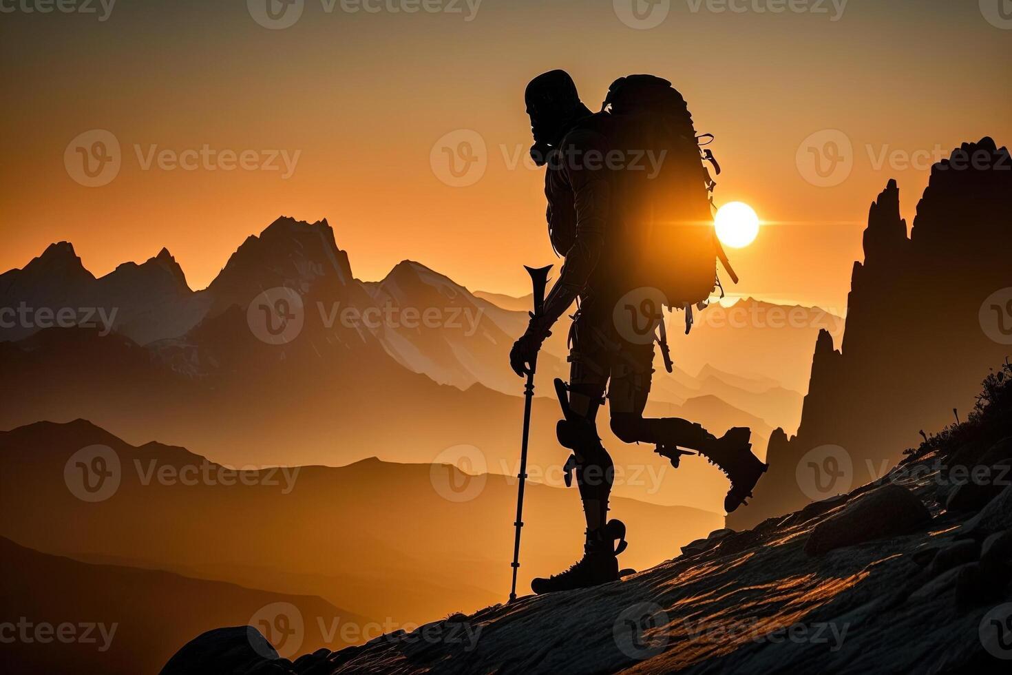 silhouette of prosthesist climber on a clif at sunset. Active people with disabilities. illustration photo