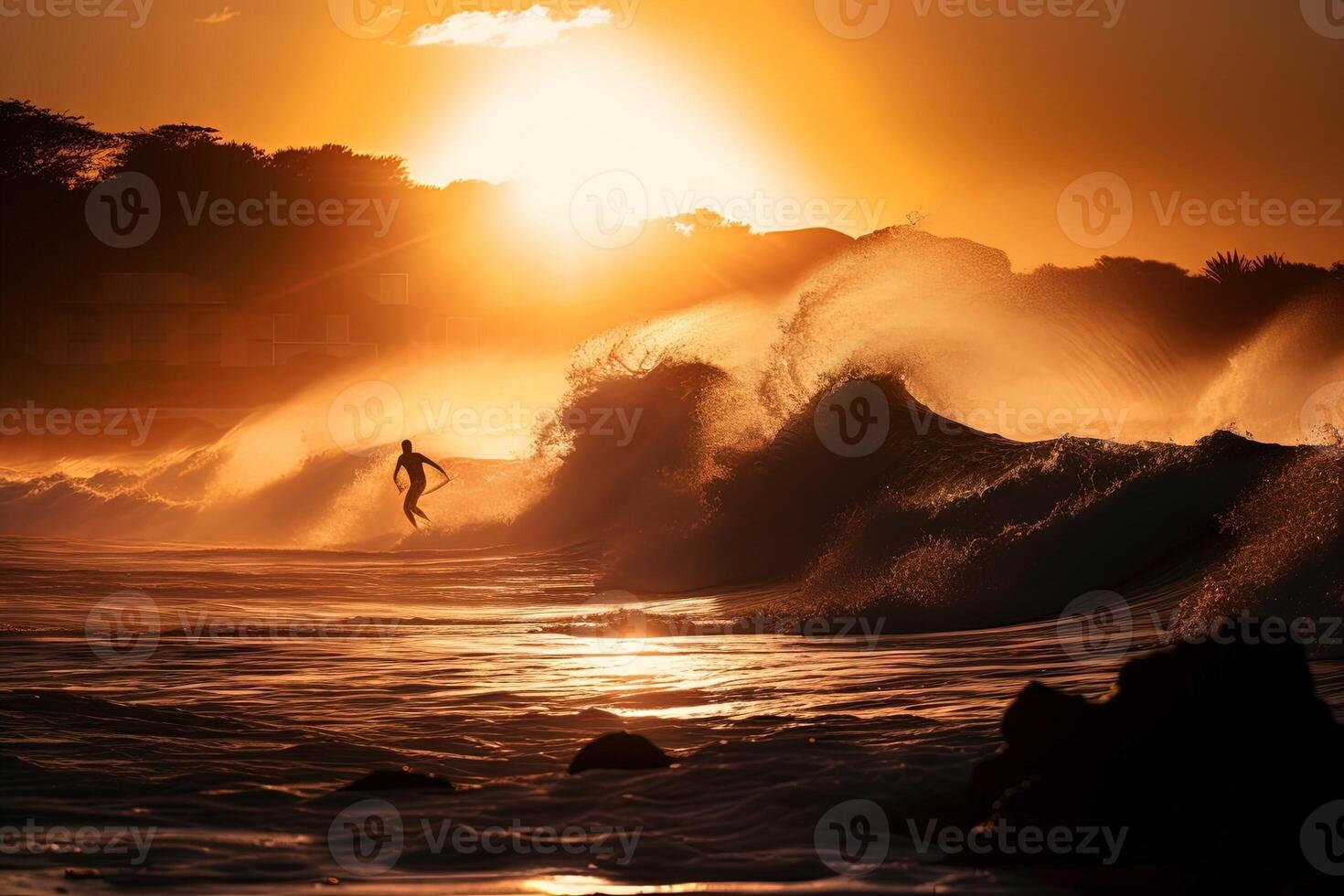 silhouette of surfer catching the wave with sun on the back illustration photo