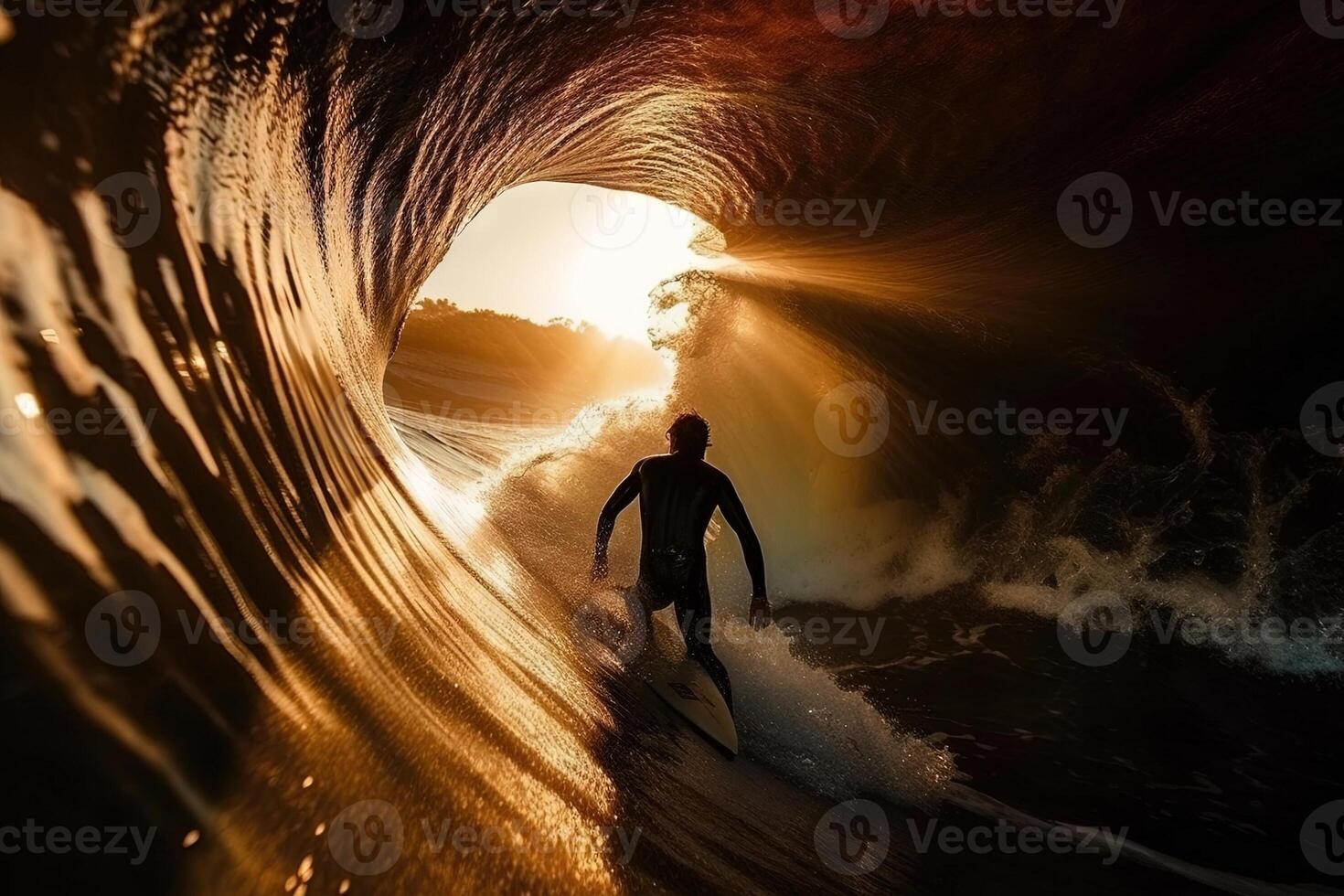 silhouette of surfer catching the wave with sun on the back illustration photo