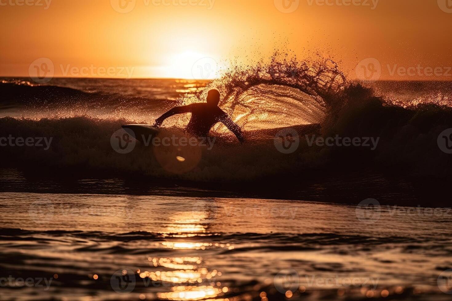 silhouette of surfer catching the wave with sun on the back illustration photo