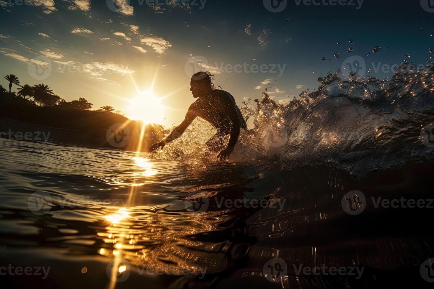 silhouette of surfer catching the wave with sun on the back illustration photo