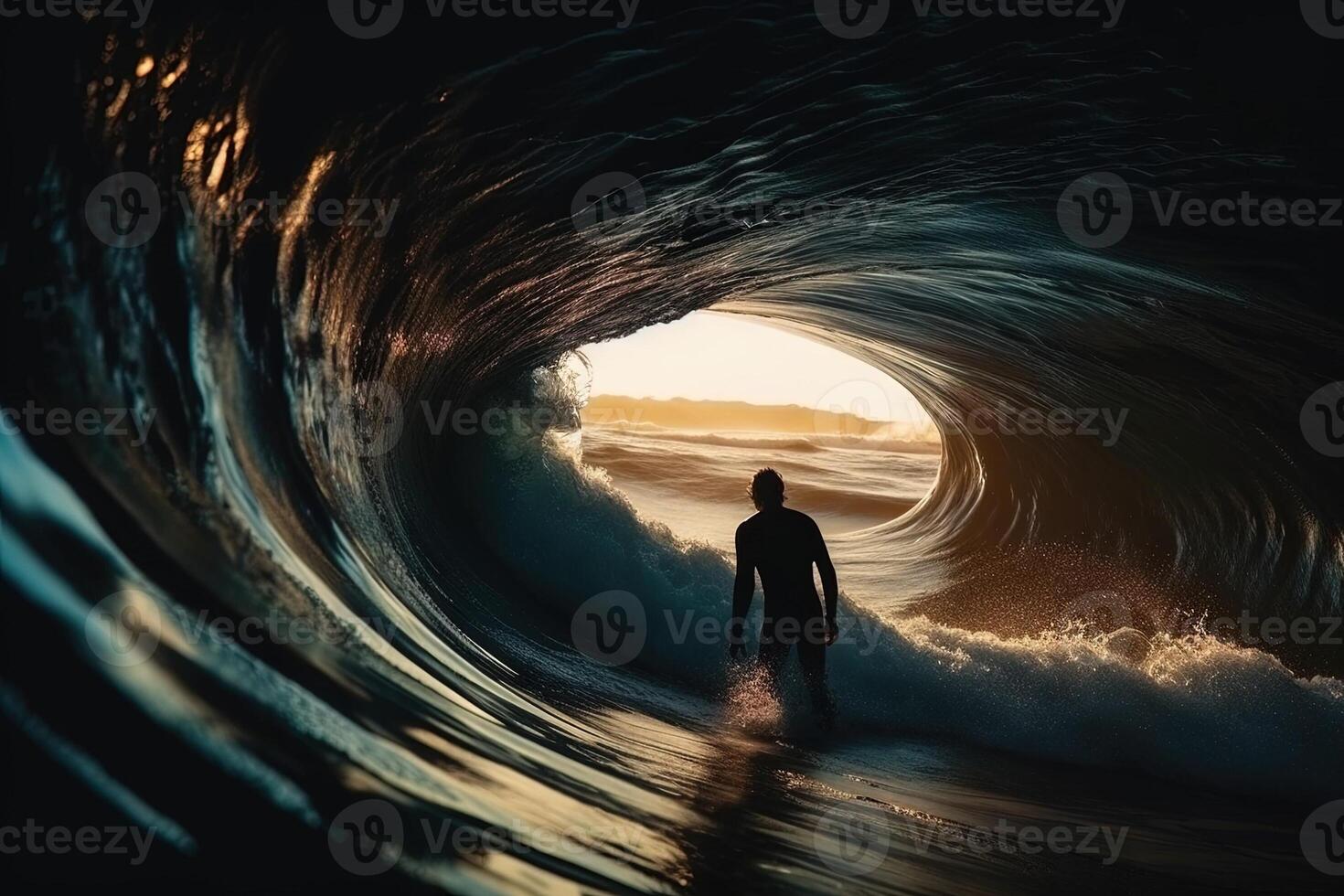 silhouette of surfer catching the wave with sun on the back illustration photo