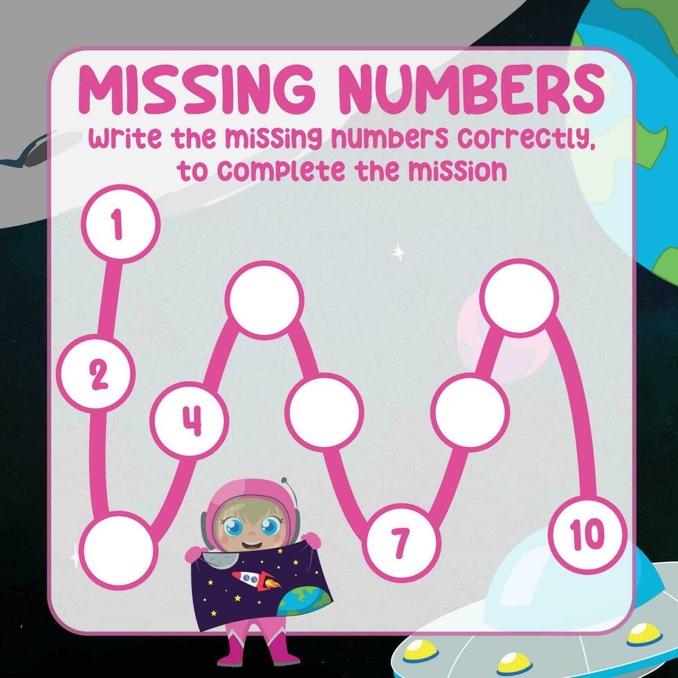 Missing numbers. Write the answer correctly. Educational printable math worksheet. Count and write activity. Counting practice. Vector file.