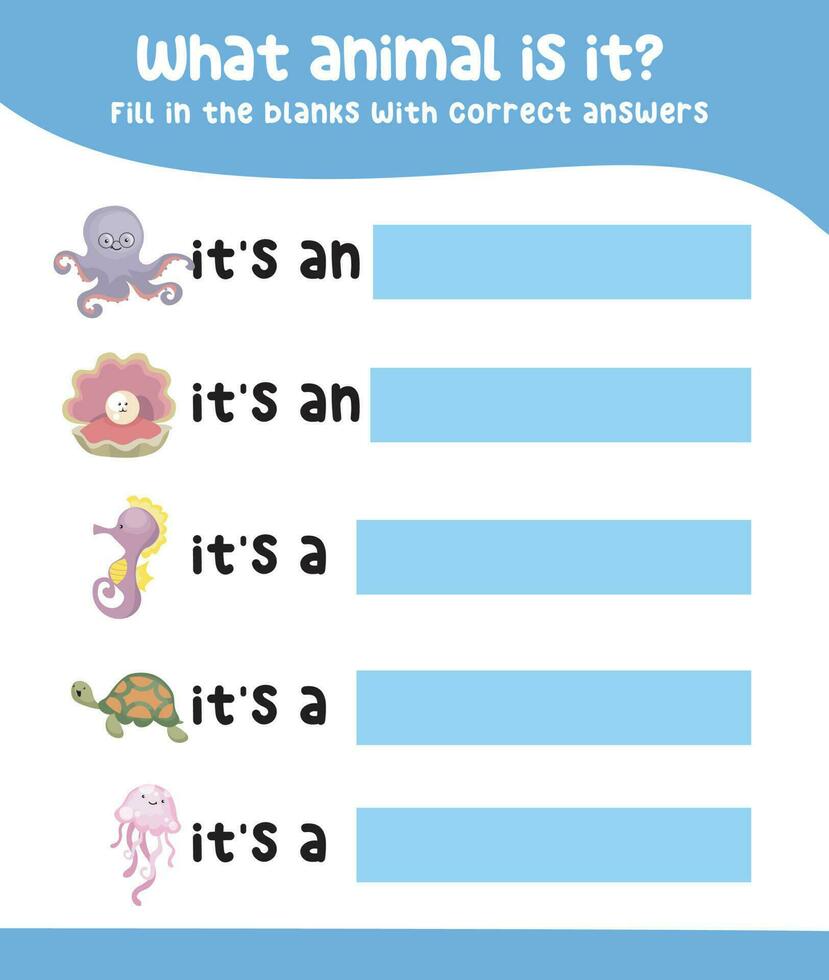 Fill in the blanks with correct answers. Kids educational game. Printable worksheet for preschool. Writing practice for children. Vector file.