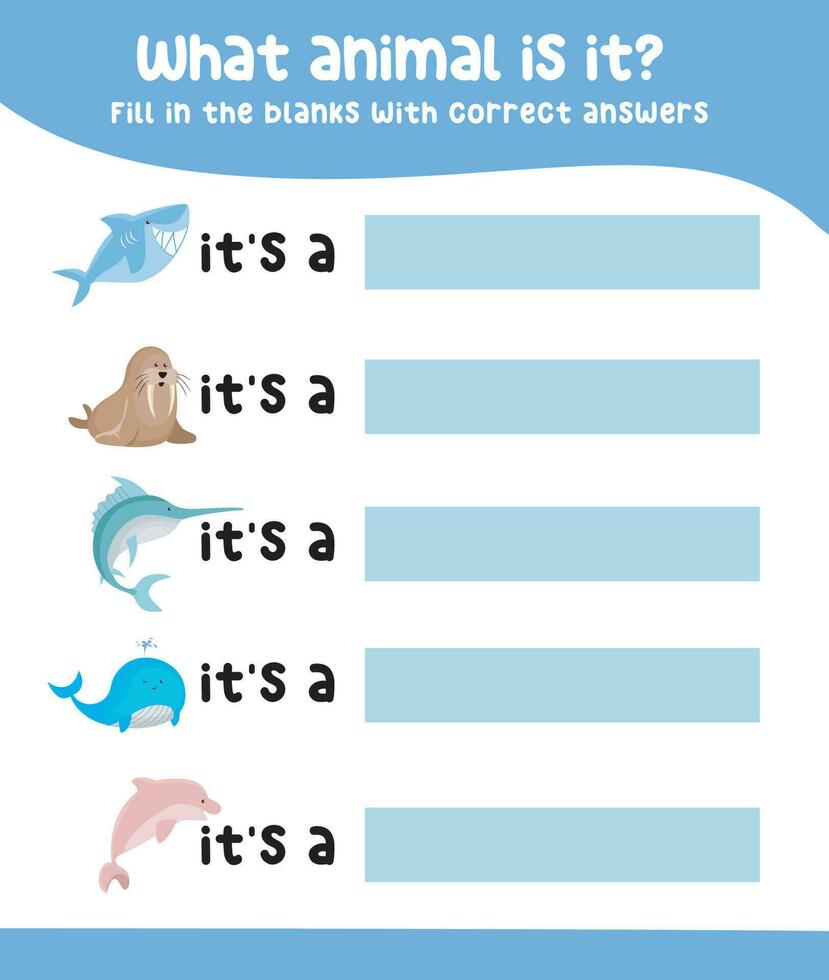 Fill in the blanks with correct answers. Kids educational game. Printable worksheet for preschool. Writing practice for children. Vector file.