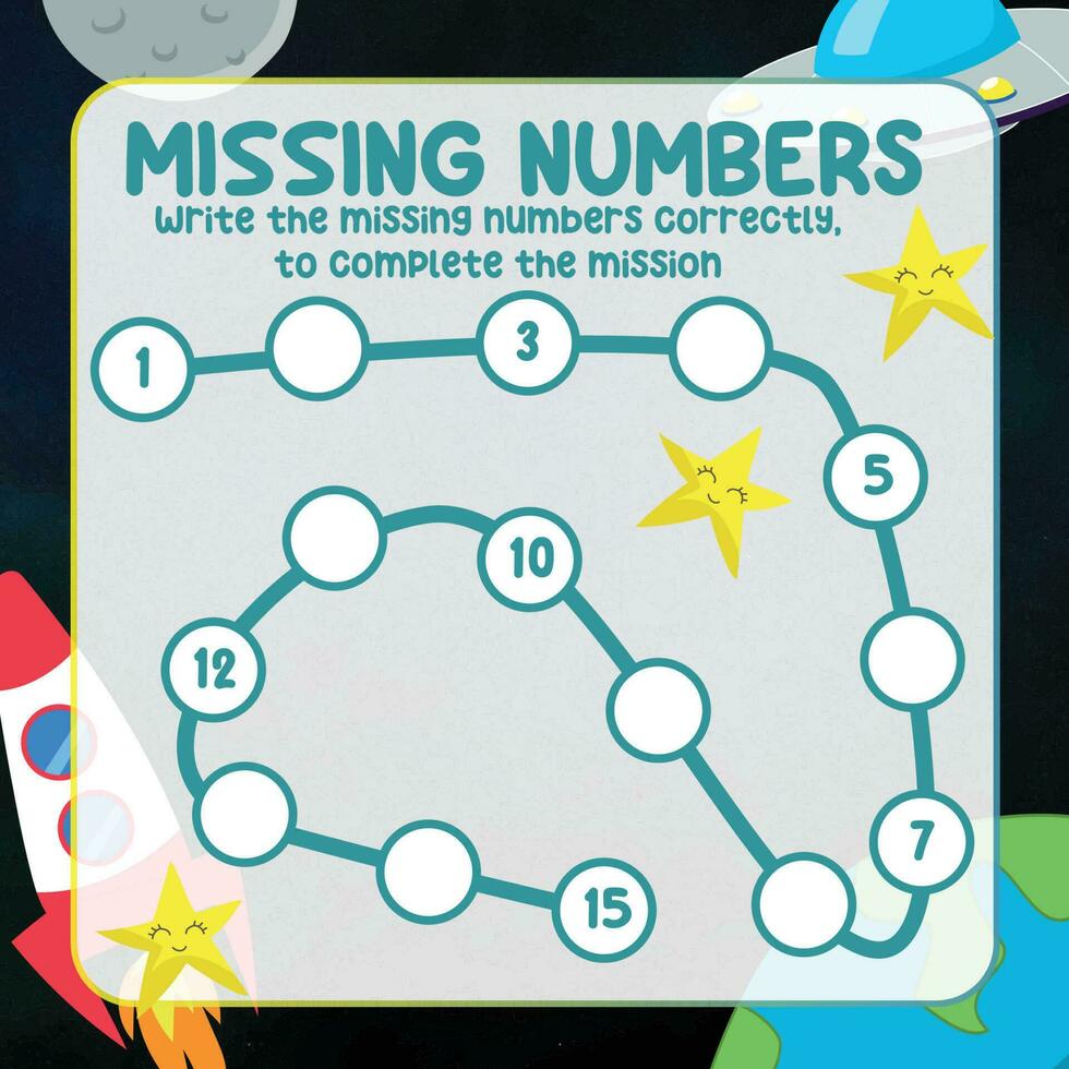 Missing numbers. Write the answer correctly. Educational printable math worksheet. Count and write activity. Counting practice. Vector file.