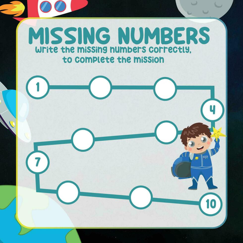 Missing numbers. Write the answer correctly. Educational printable math worksheet. Count and write activity. Counting practice. Vector file.