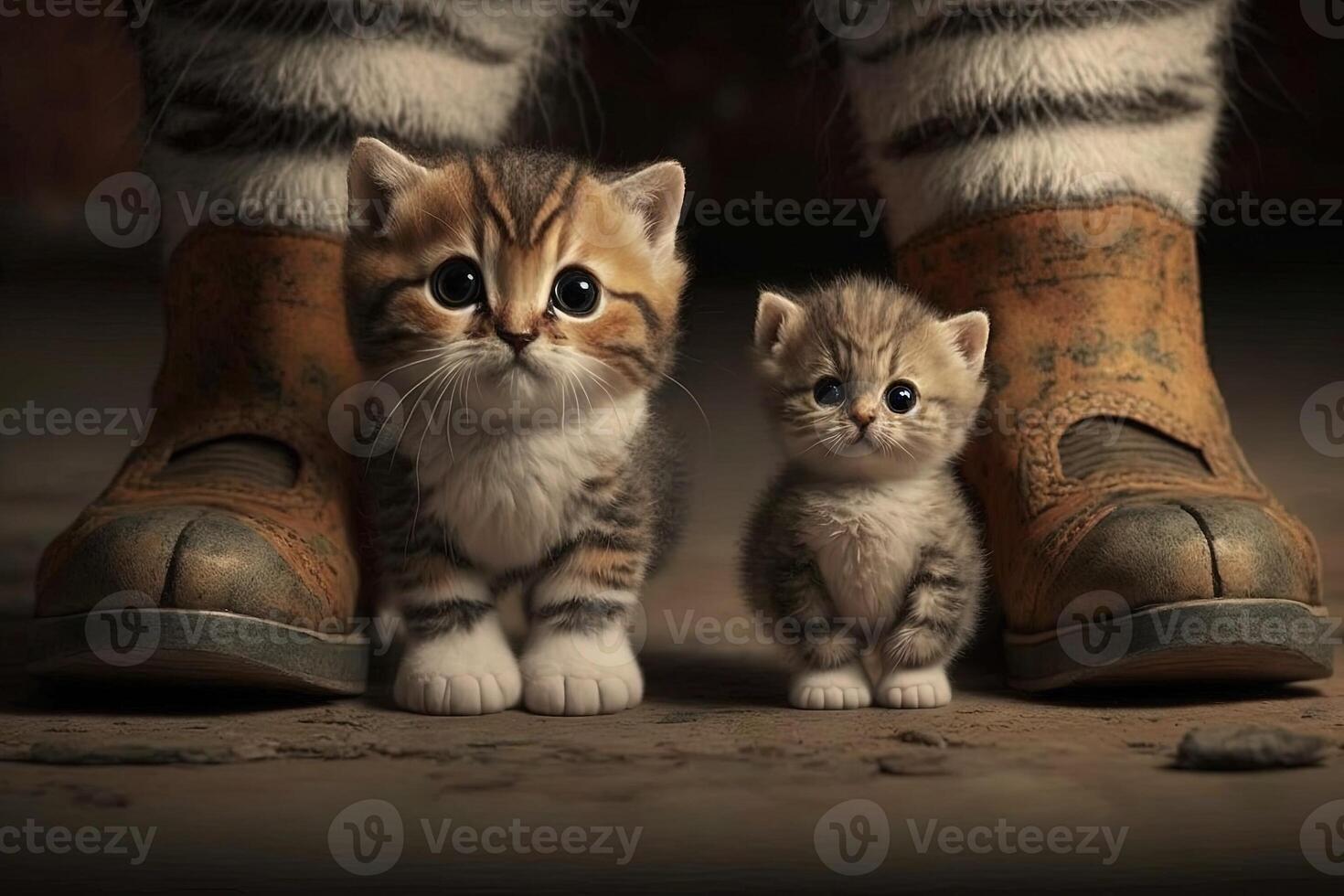 two kittens between mother legs looking at you illustration photo