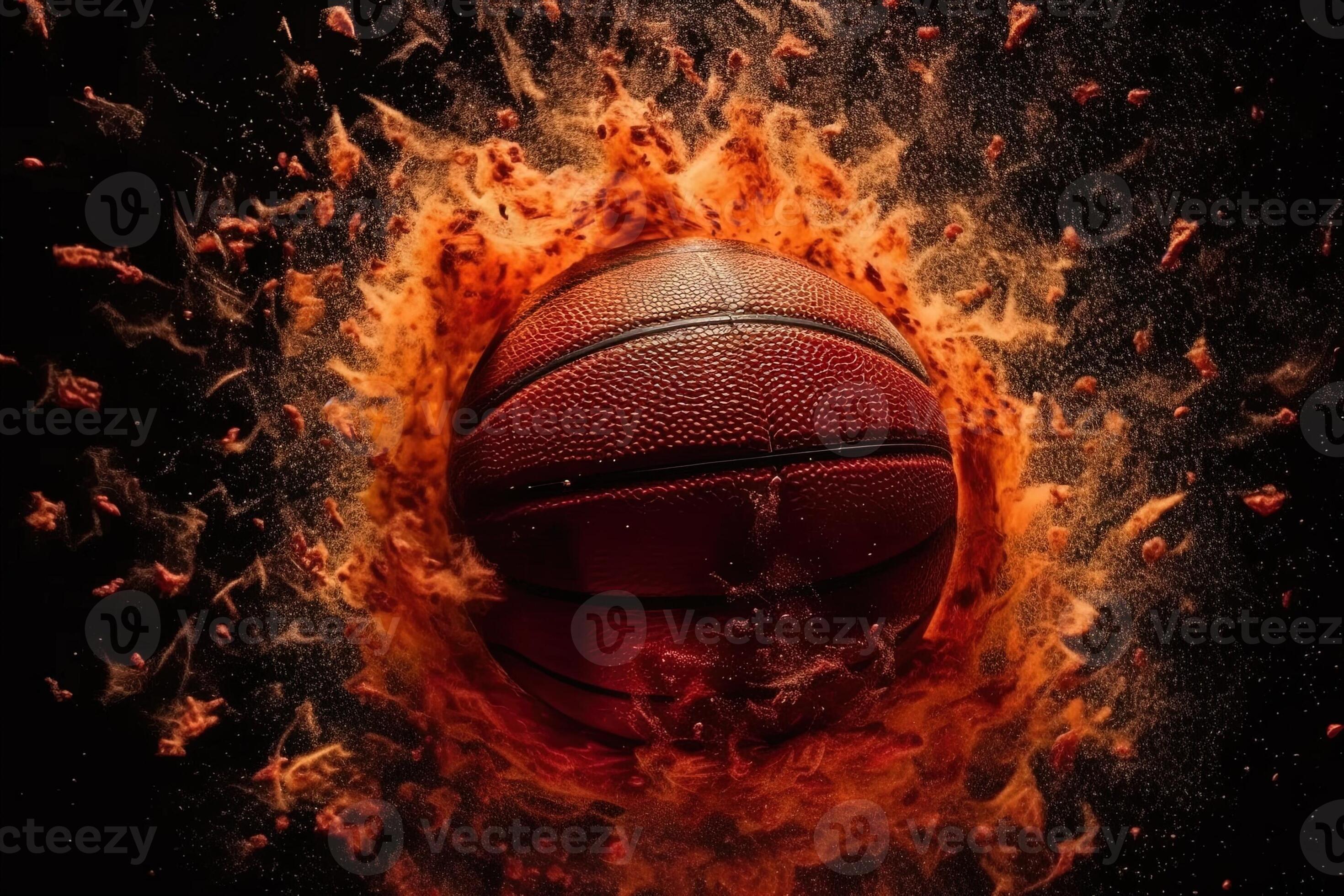 Slammed Basketball going through the basket, top view, , exploding on