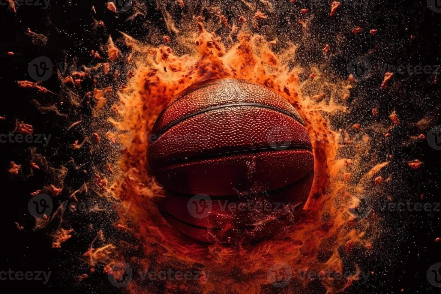 Slammed Basketball going through the basket, top view, , exploding on black background illustration photo