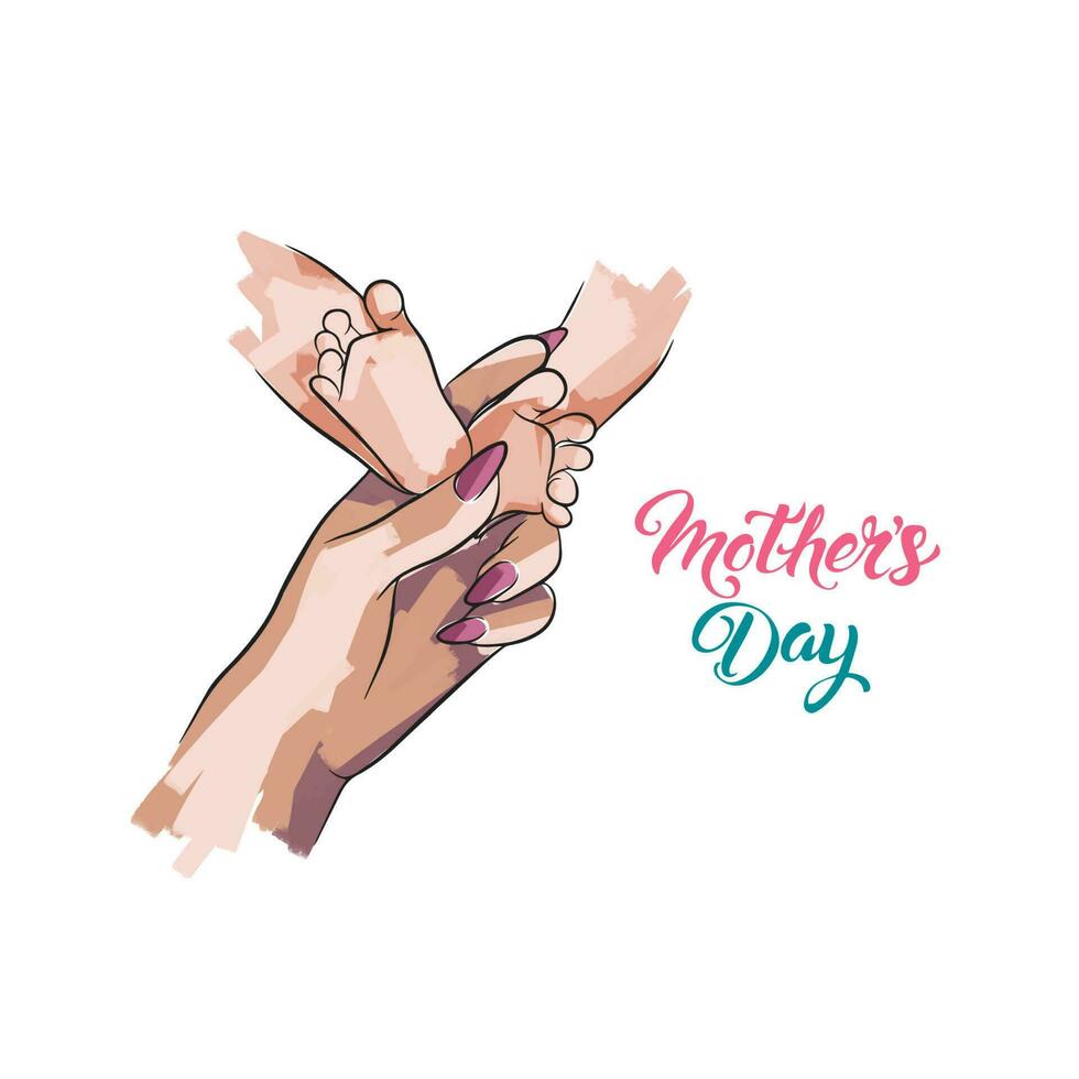 Moms hands hold the legs of a newborn, Mothers Day, postcard vector