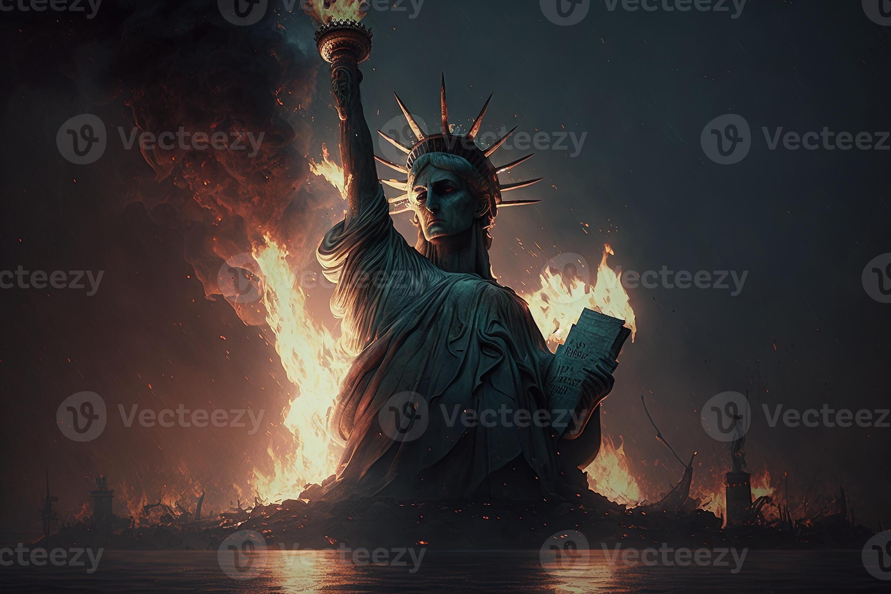 statue of liberty burning in new york city illustration 23914174 Stock