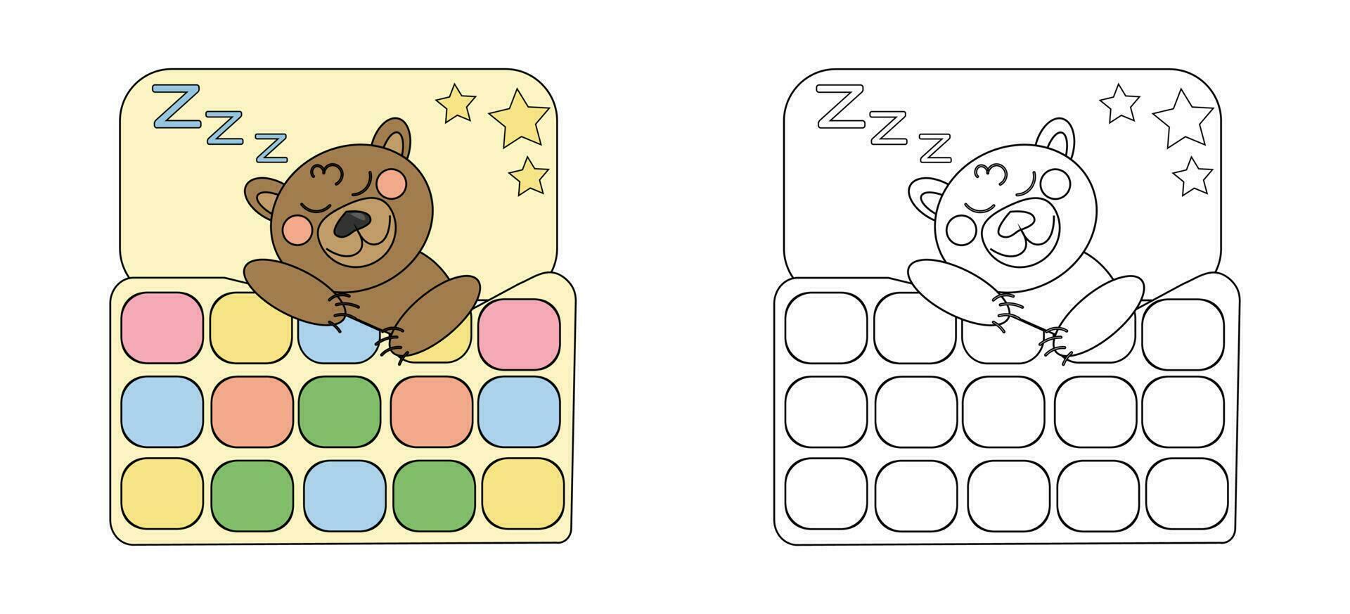 vector illustration coloring book brown baby bear sleeping under a patchwork quilt. An outline black and white drawing and a color version for an example