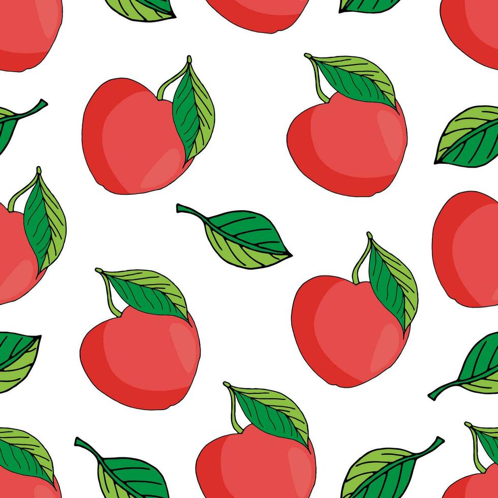 vector illustration of a seamless pattern ripe red apples with leaves on a white background