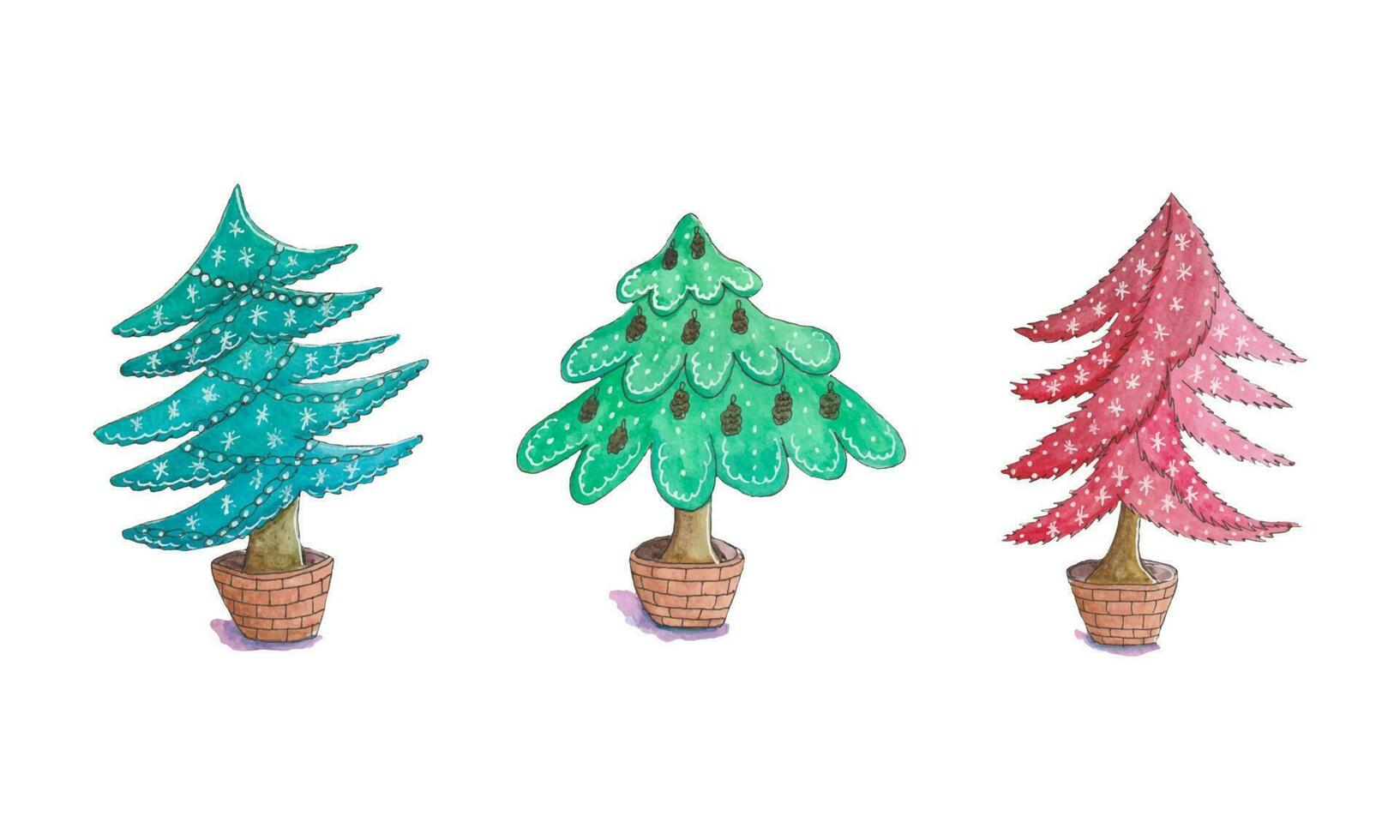 vector watercolor illustration set of New Year's stylized decorative colorful Christmas trees in pots