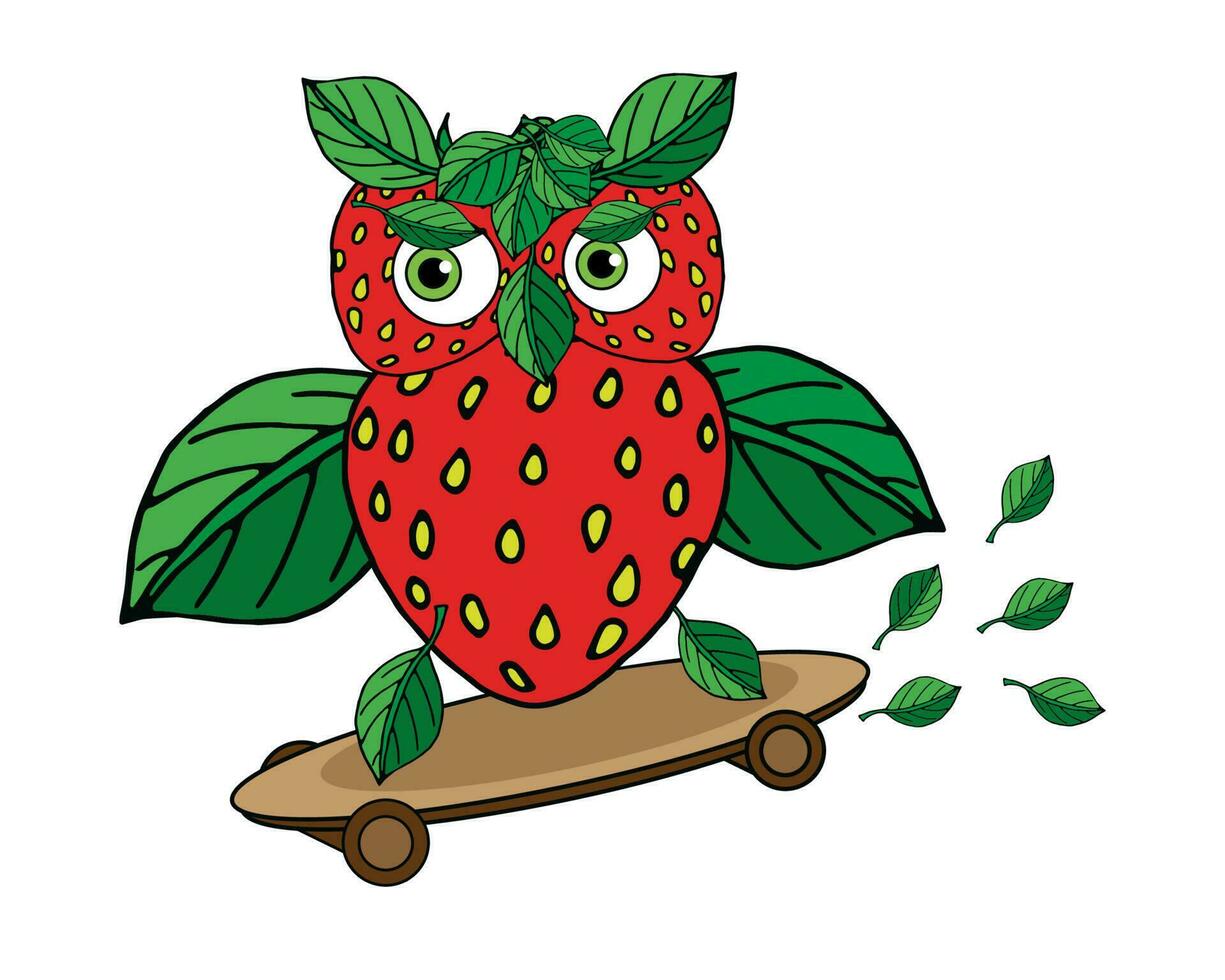 vector illustration of funny cartoon character strawberry owl on a skateboard
