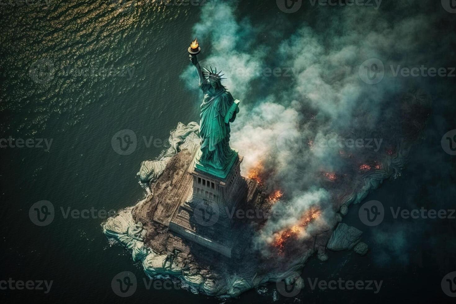 statue of liberty burning in new york city illustration 23914195 Stock