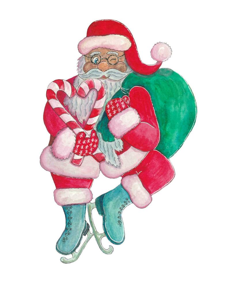 vector watercolor illustration of santa claus on ice skating with a bag of gifts with sugar canes in the form of a heart. Design element for print and Christmas decorations