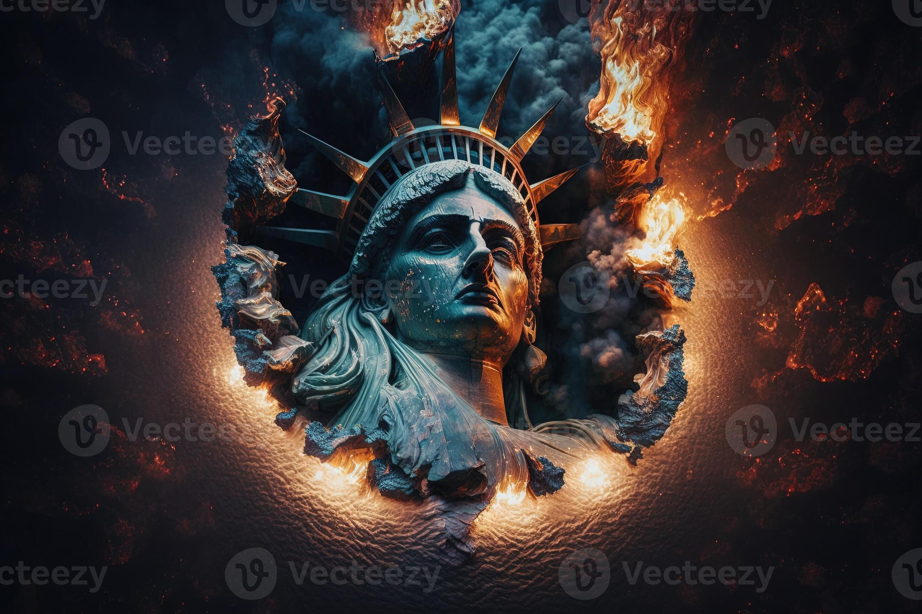 statue of liberty burning in new york city illustration 23914197 Stock