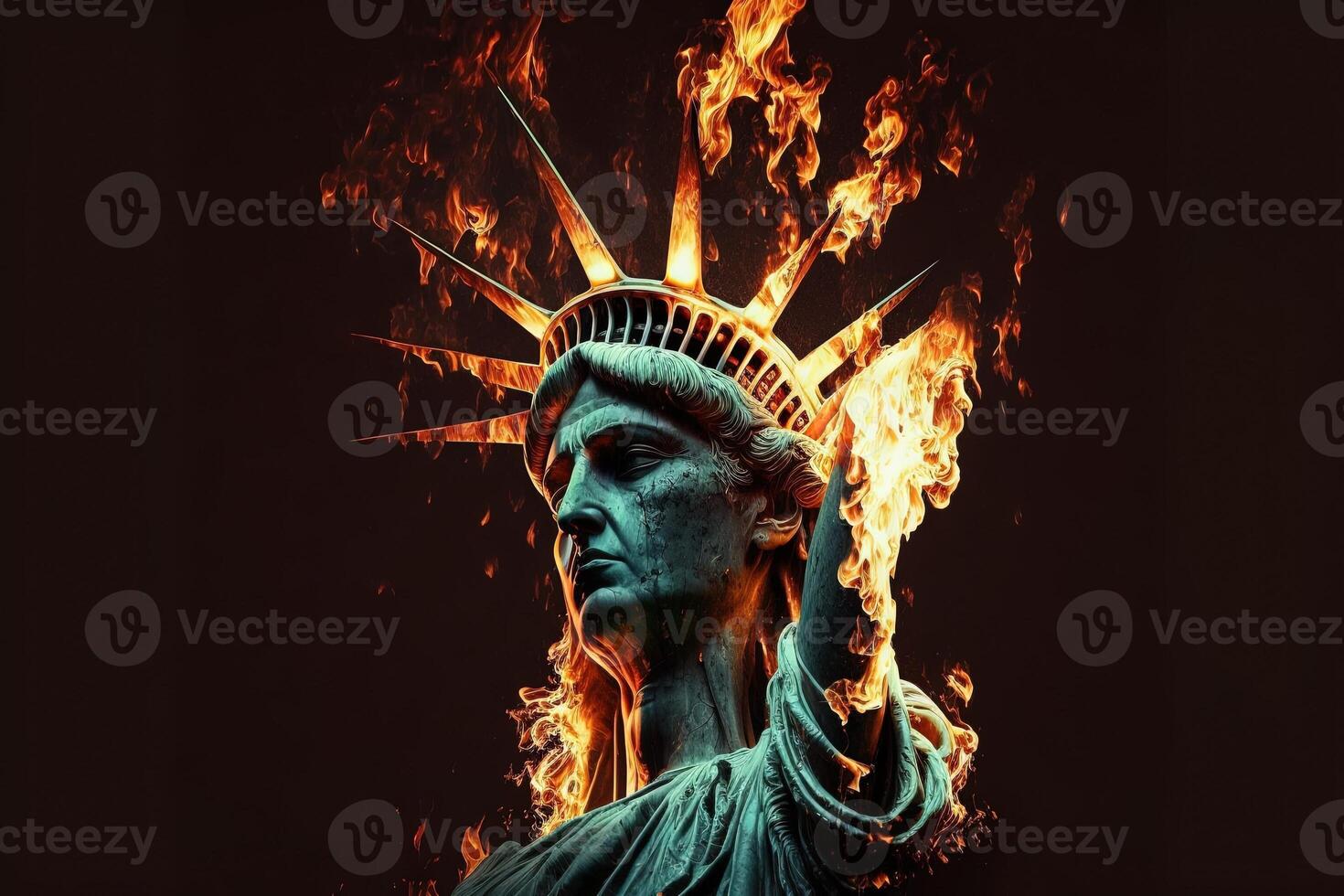 statue of liberty burning in new york city illustration 23914200 Stock