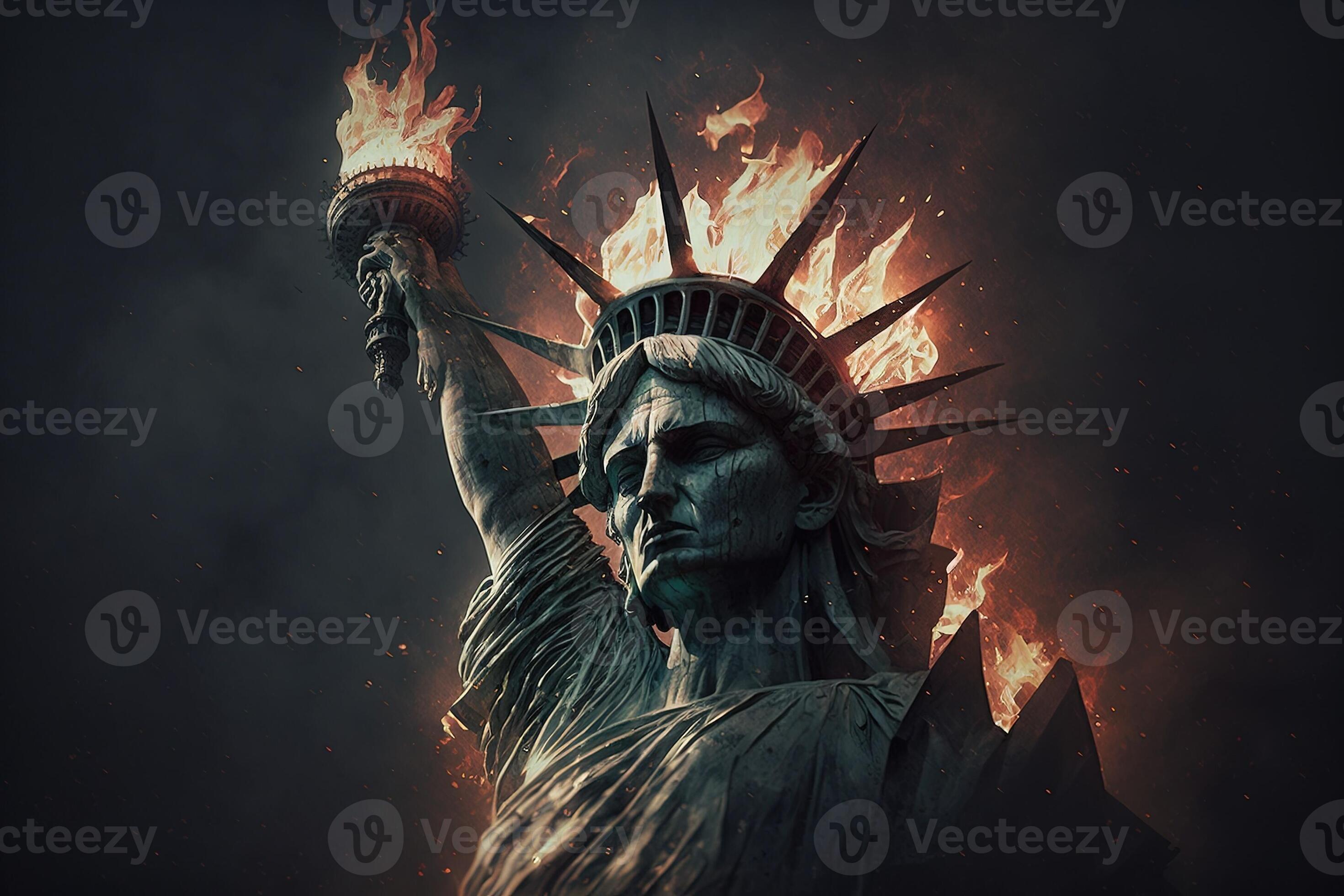 statue of liberty burning in new york city illustration 23914209 Stock