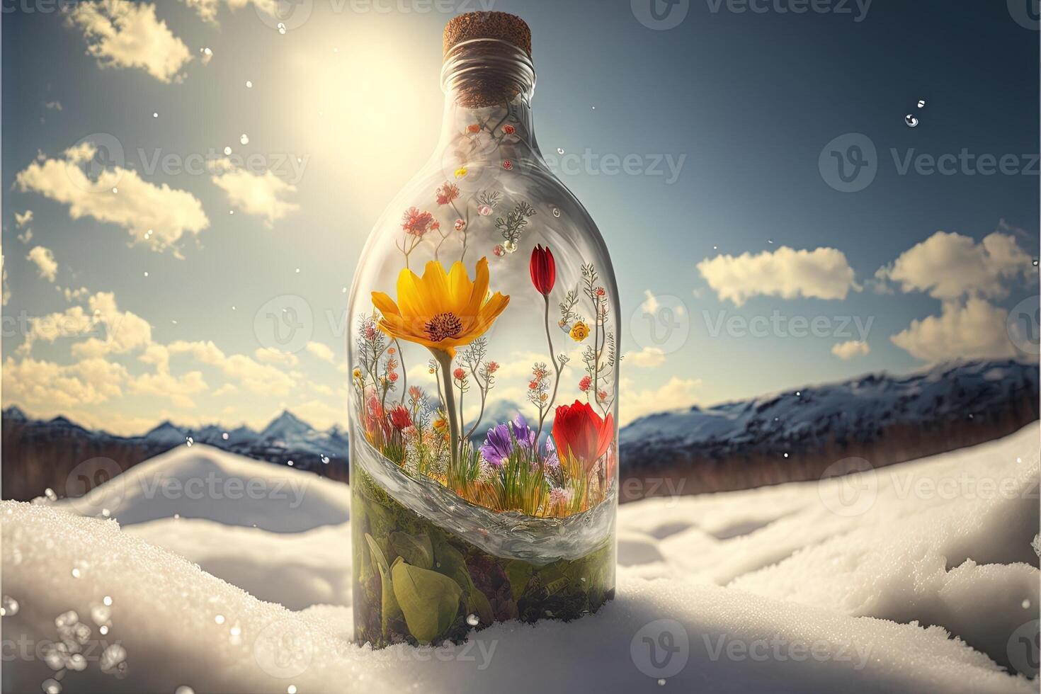 primavera es en un botella fuera de nieve y hielo de invierno ilustración generativo ai foto